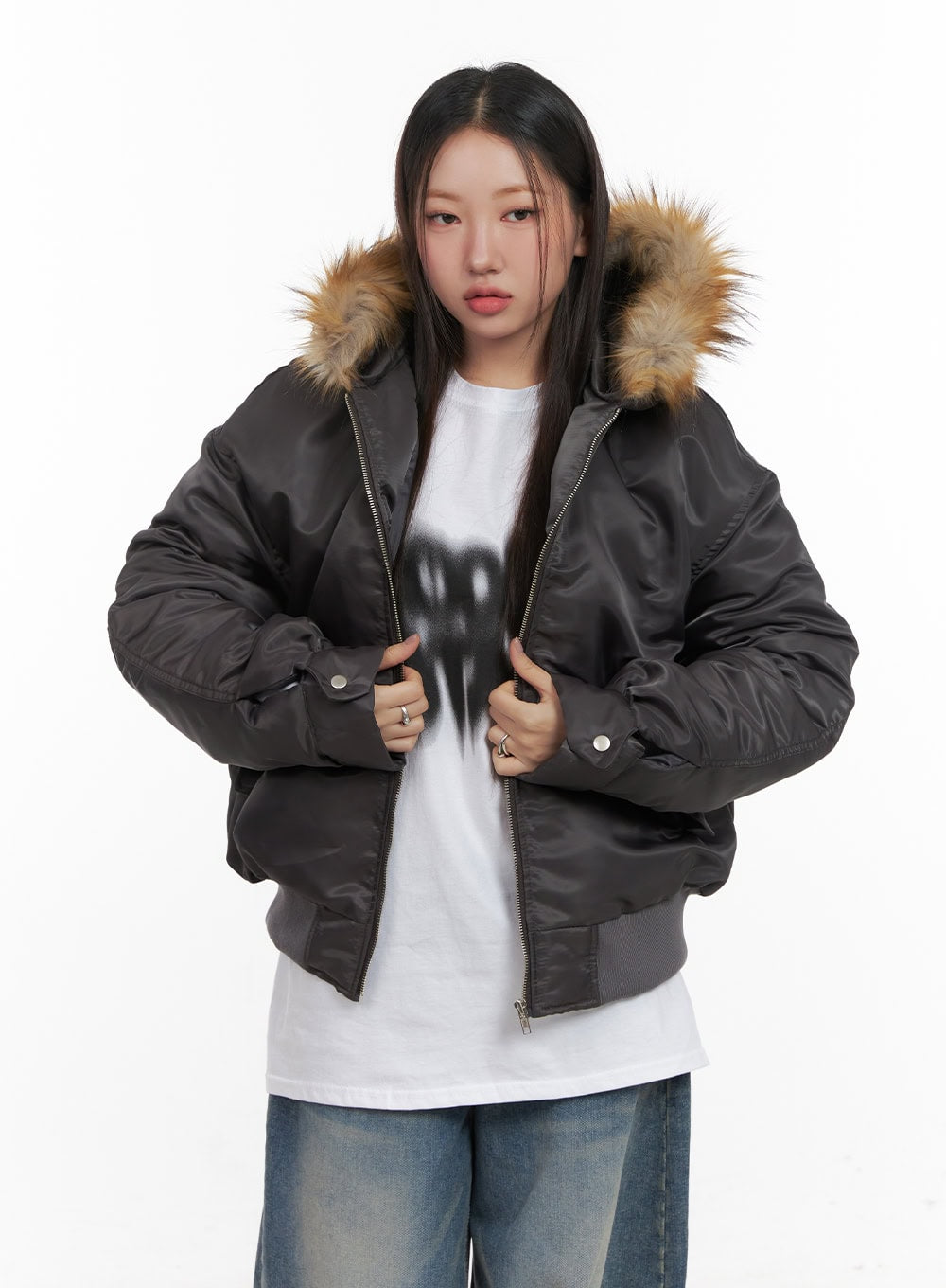 Fur Detail Hooded Bomber Jacket CD411