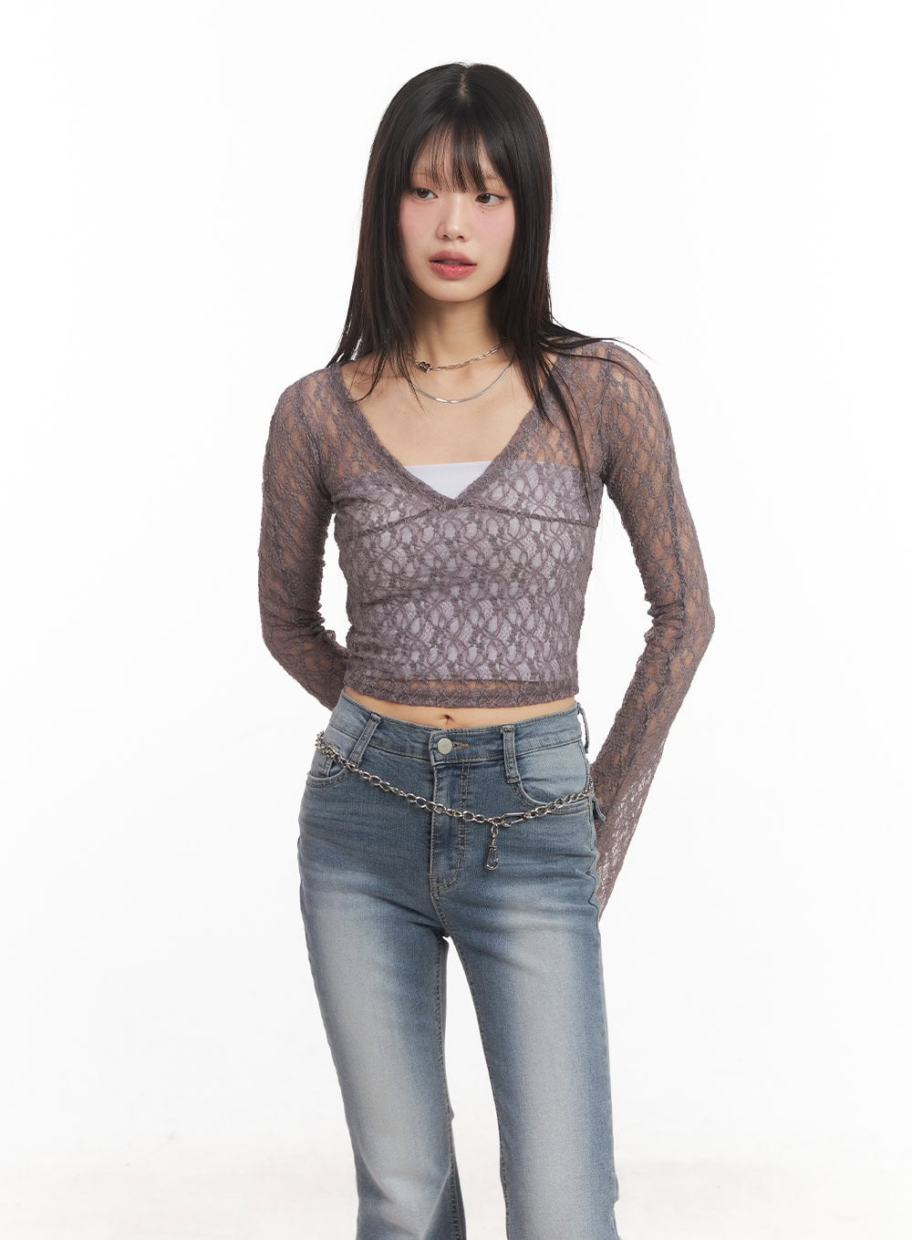 Sheer Lace Long-Sleeve Crop Top CA522
