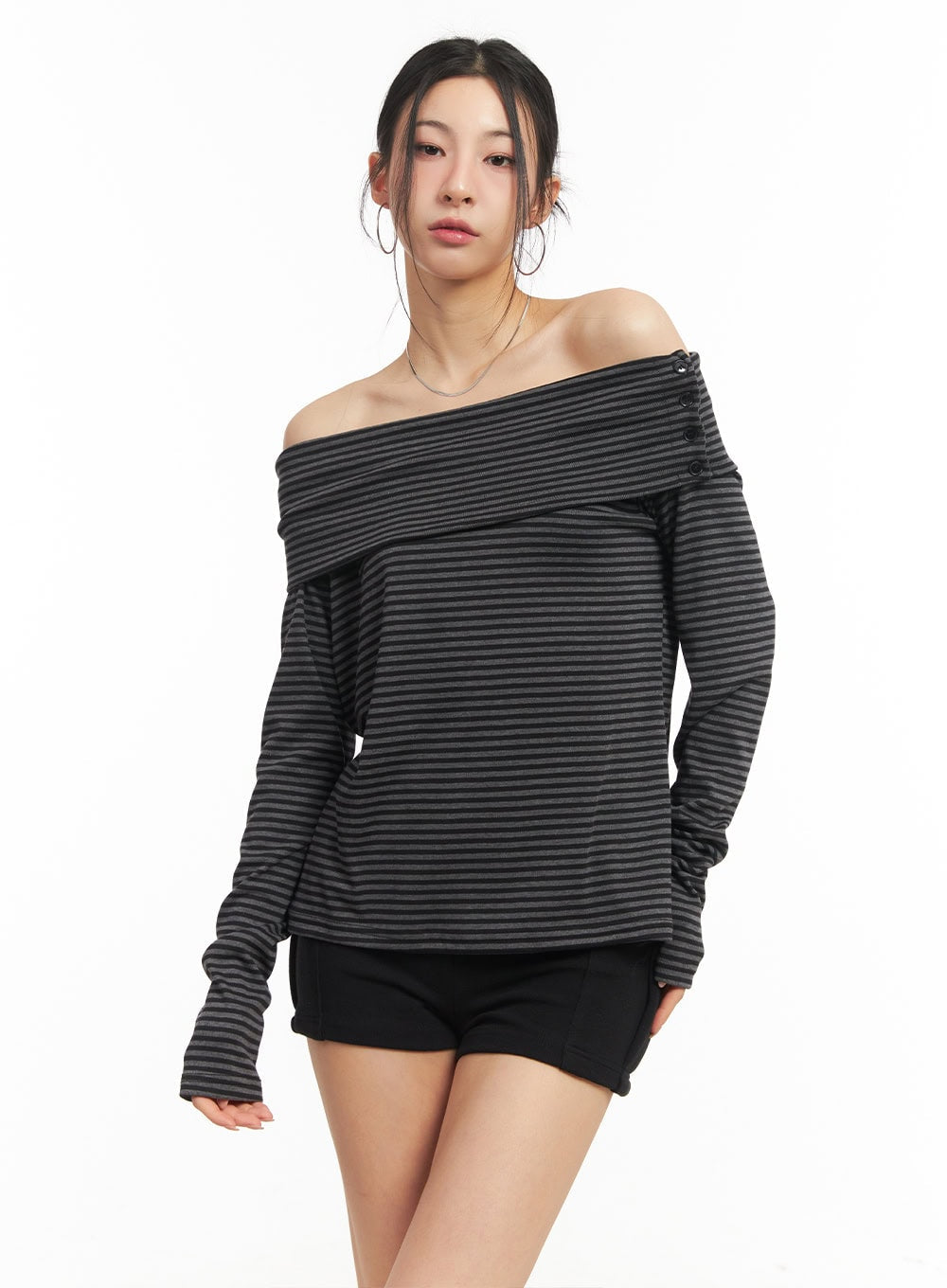 Striped Long-Sleeve Off-Shoulder Top CM503