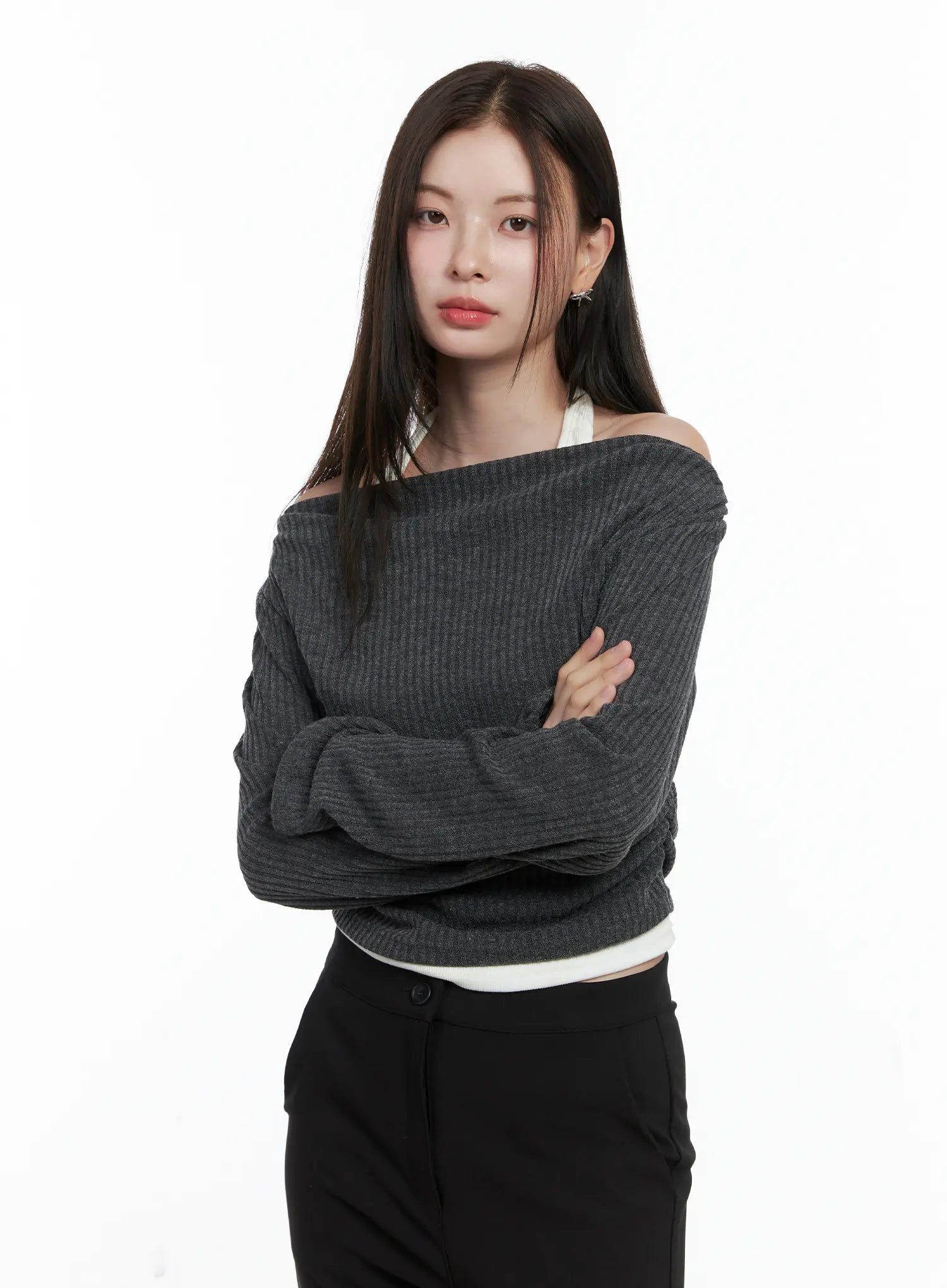 Ribbed Knit Off-Shoulder with Halter Top CO503