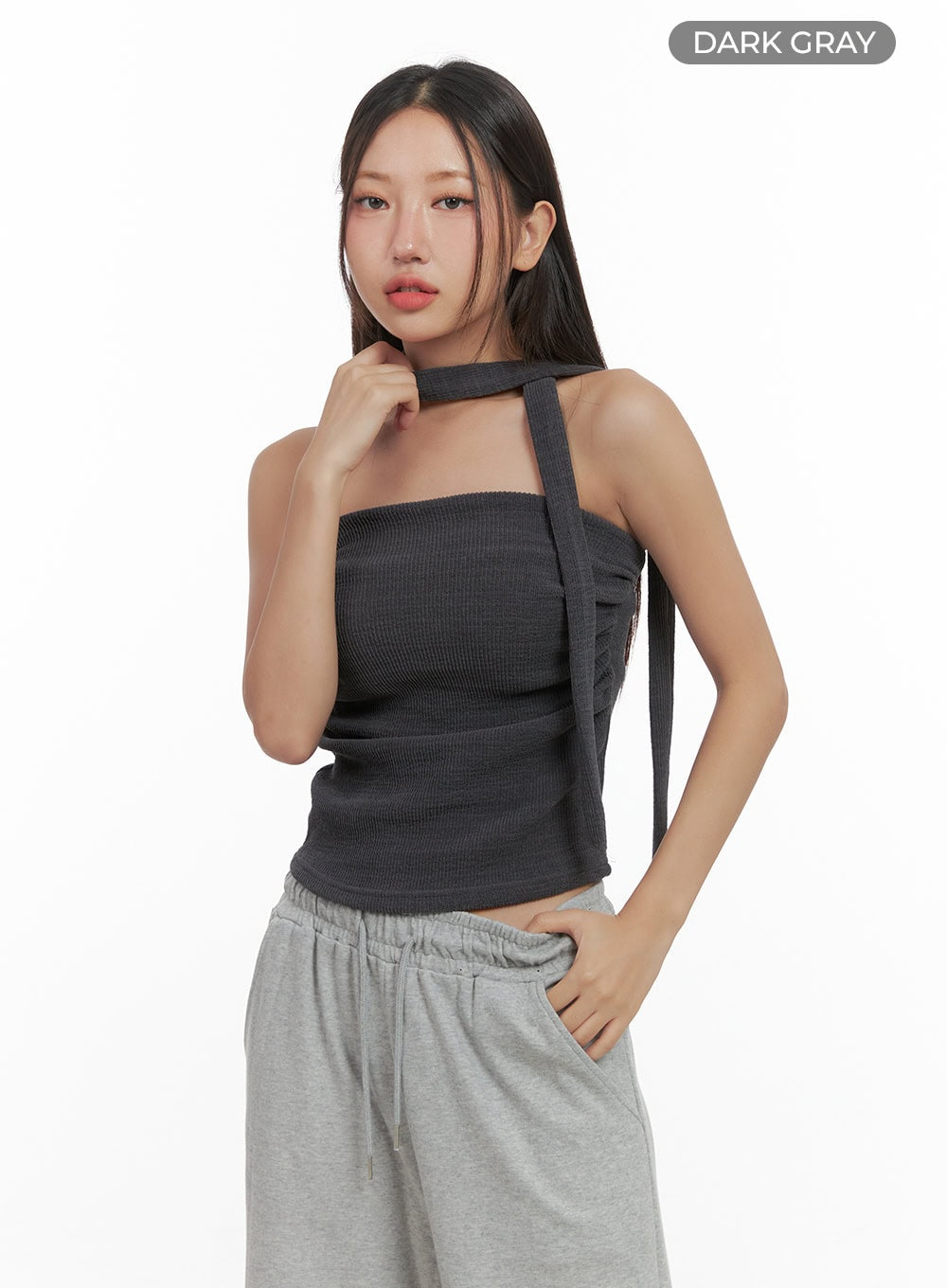 Shirred Solid Tube Crop Top and Scarf Set CO404