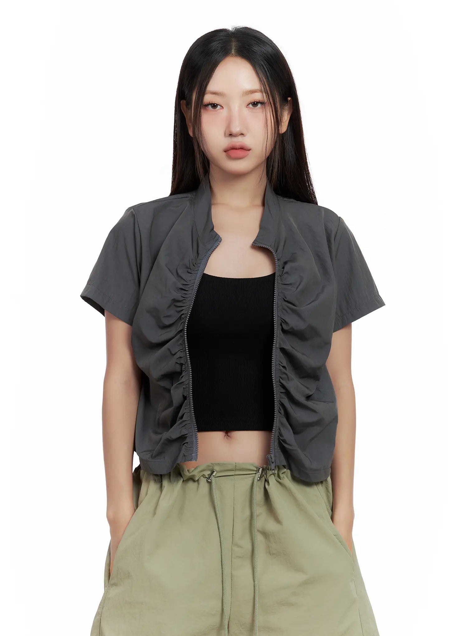 Shirred Zip Nylon Short-Sleeve Jacket CL509
