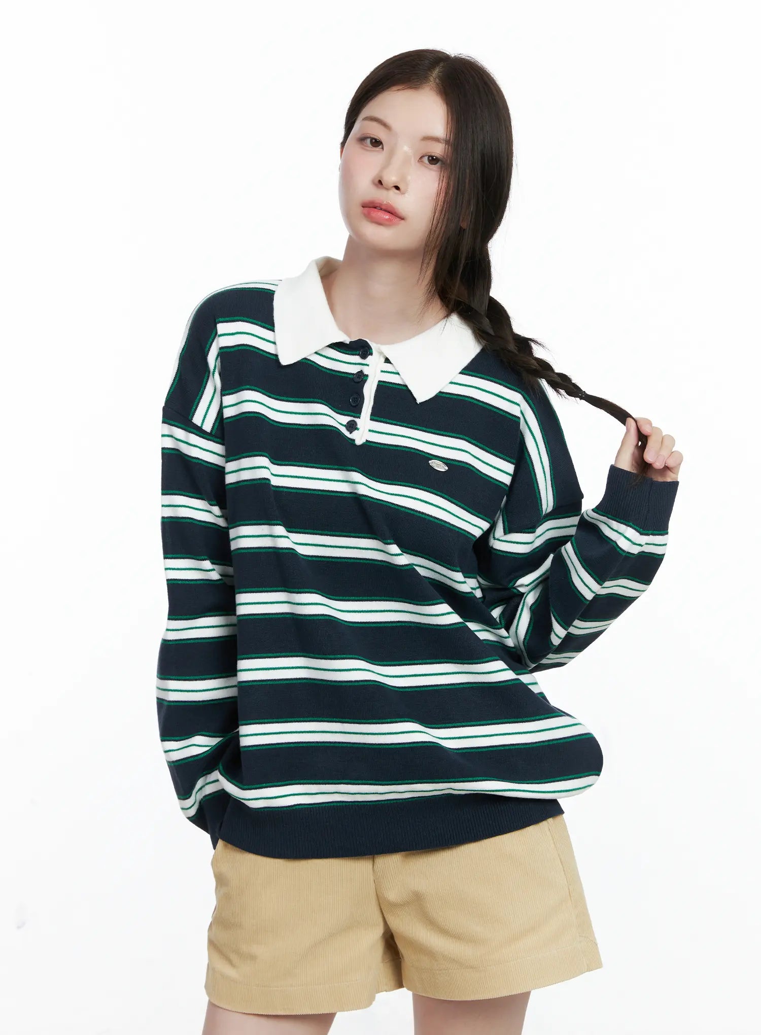 Oversized Striped Long Sleeve Collared Shirt CO503