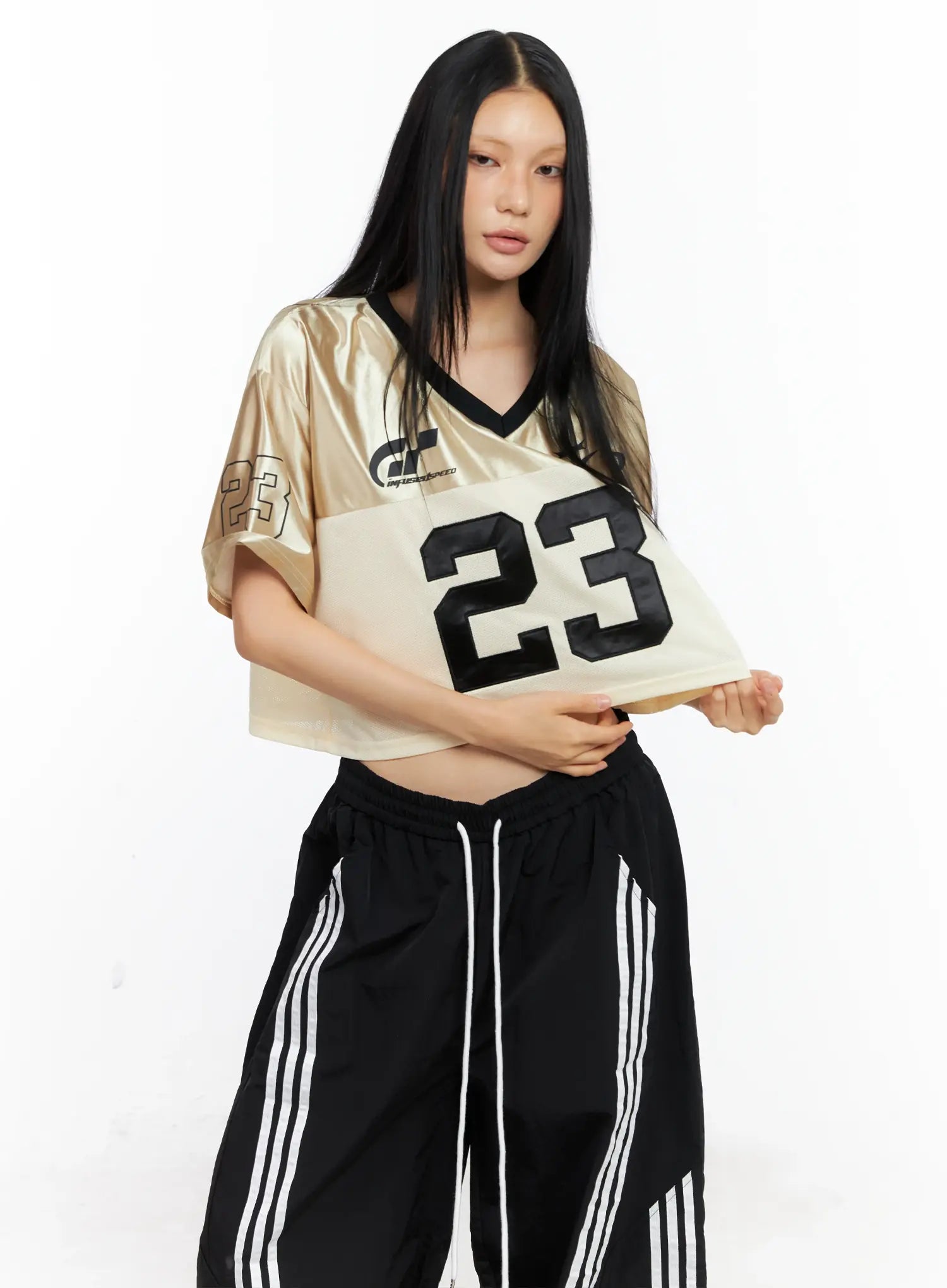 Glossy V-Neck Cropped Jersey CL529