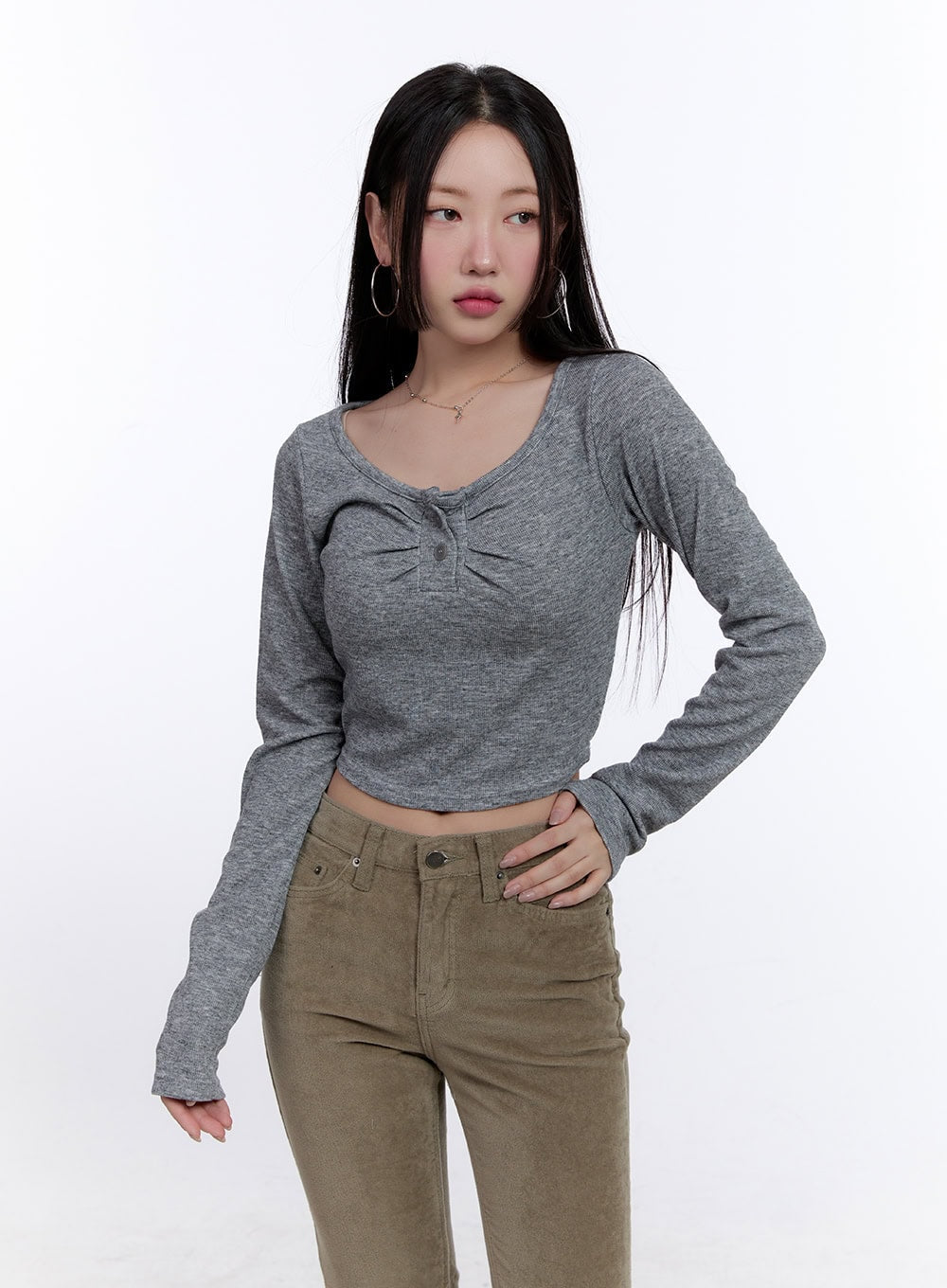 Shirred Long-Sleeve Buttoned Crop Tee CJ513