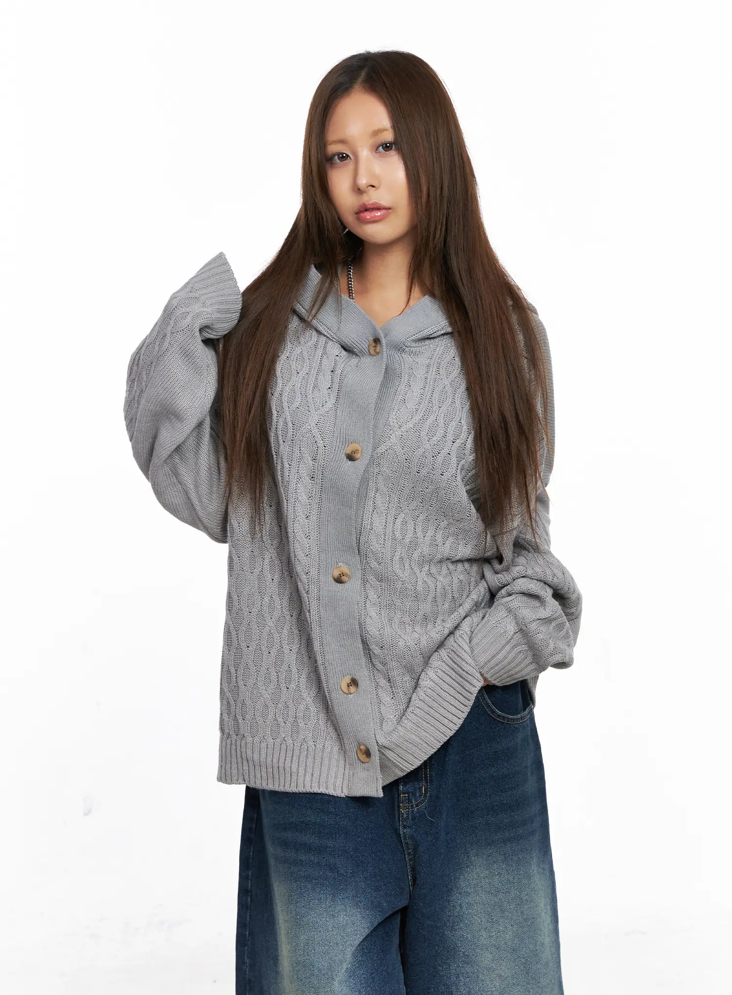 Oversized Cable Knit Button-Up Hoodie CO510