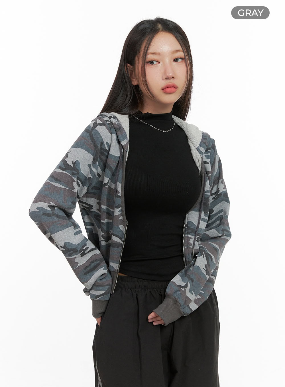 Camo Cropped Hoodie Zip-up CO402
