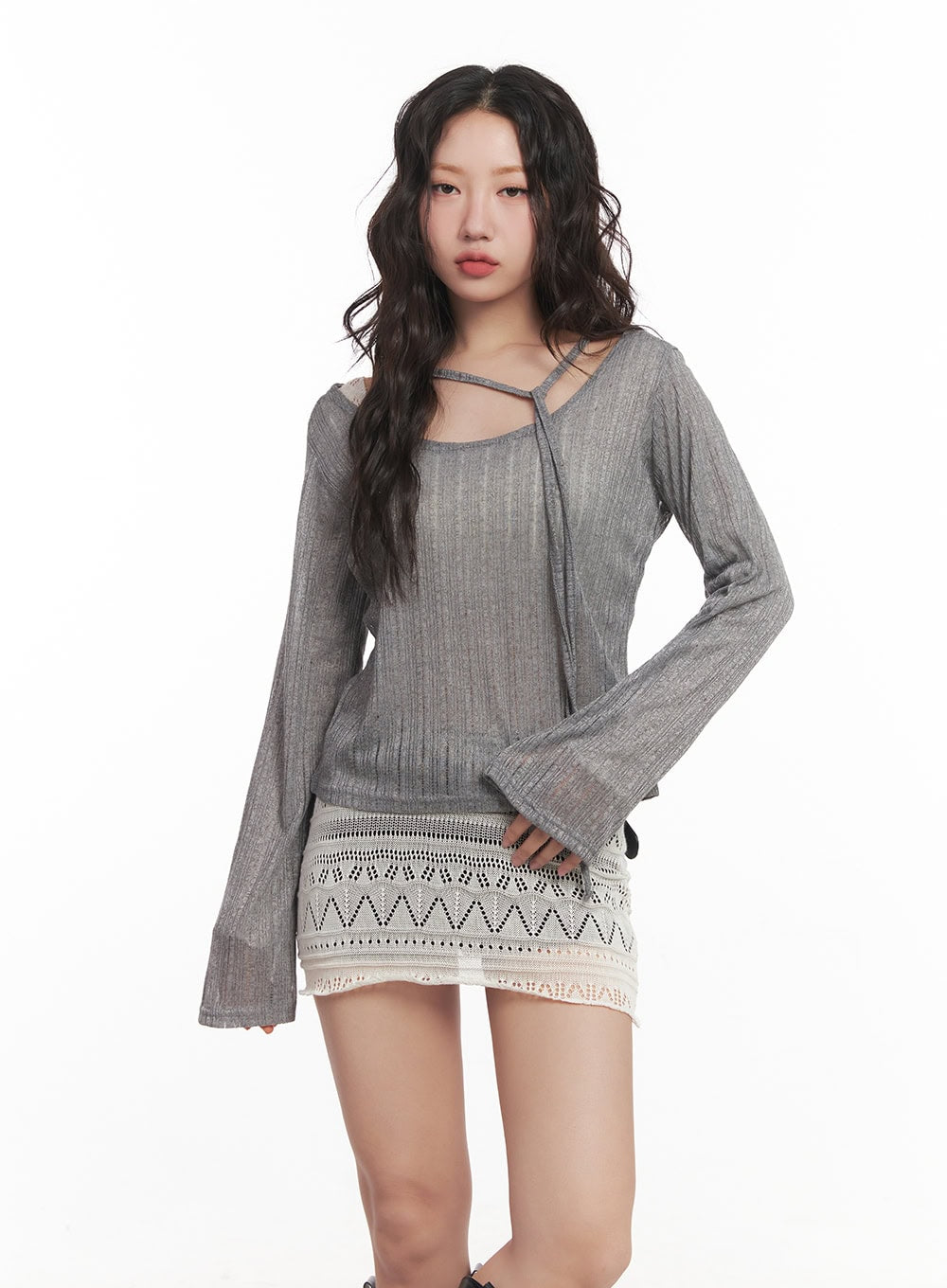 String Mesh Off-Shoulder Sweater CA521