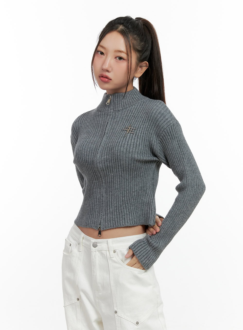 Acrylic Knit Zip Up Crop Cardigan CN412