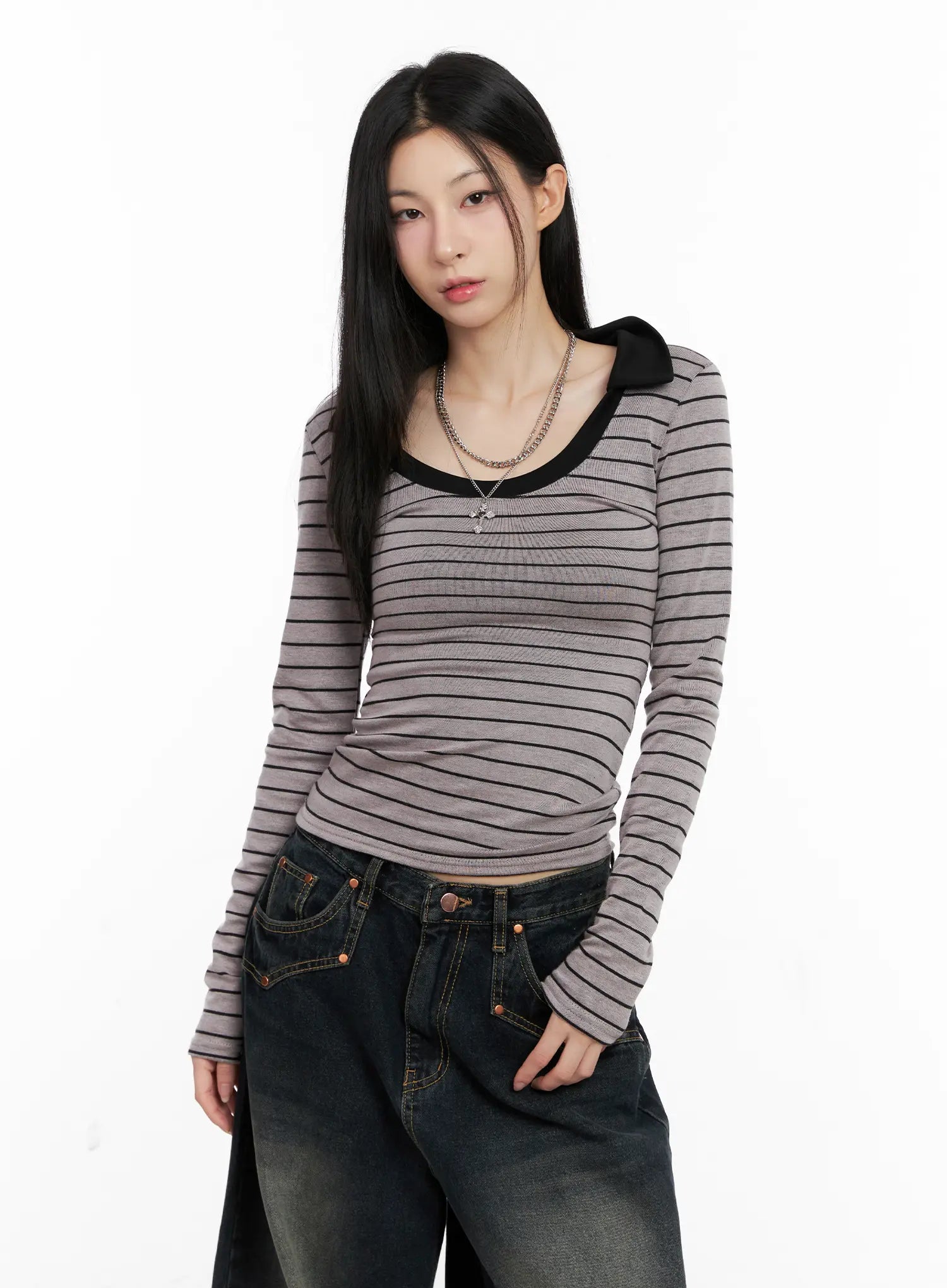Striped Contrast Long-Sleeve Top CS504