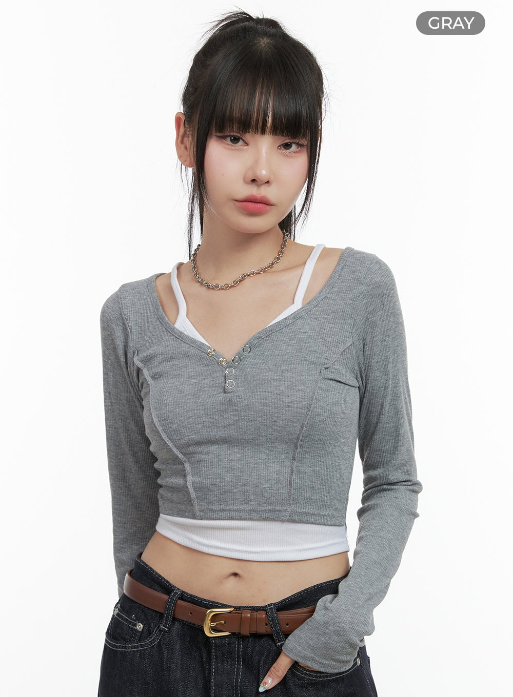 Ribbed Button V-Neck Crop Top OS410