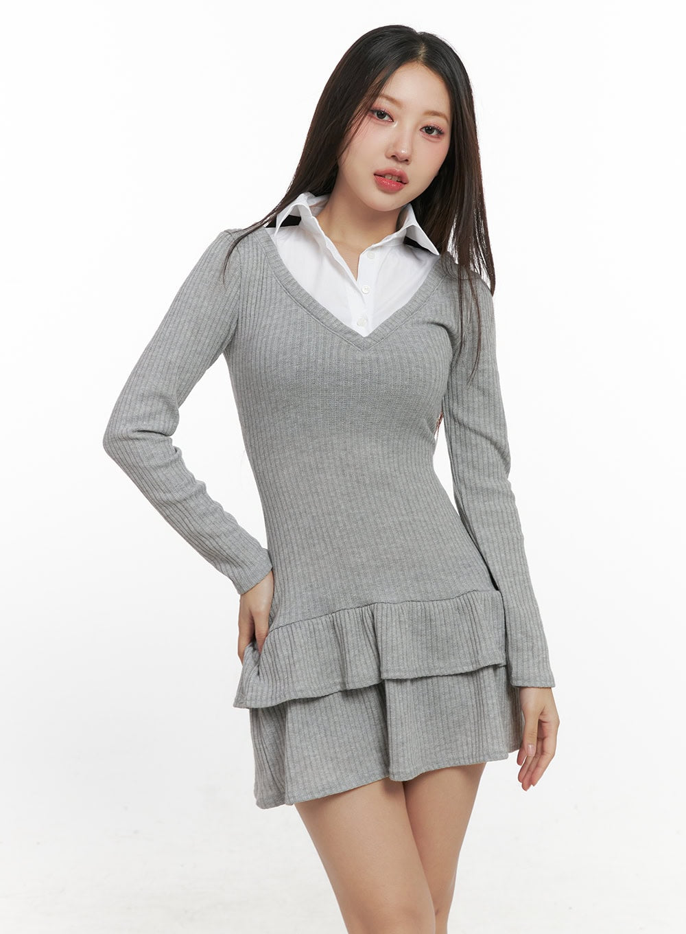 Solid Print Flare Collar Dress CN415