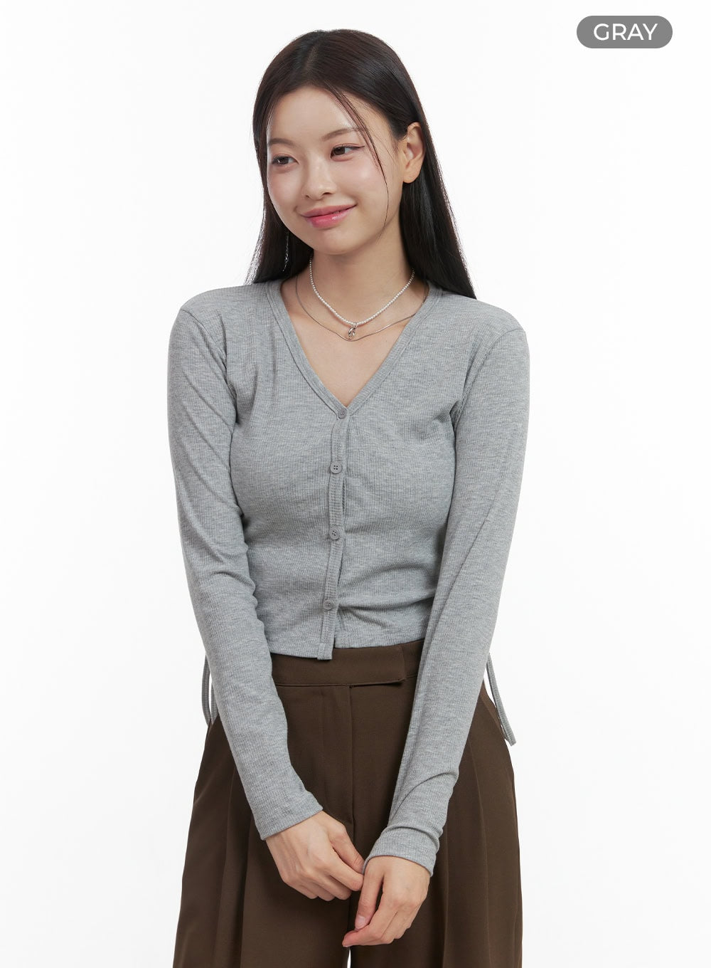 V-Neck Buttoned Shirred Crop Top OO416