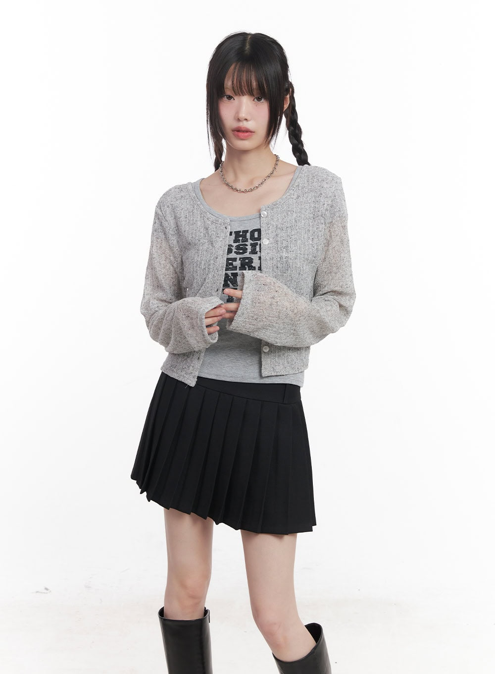 Sheer Buttoned Crop Cardigan CU506