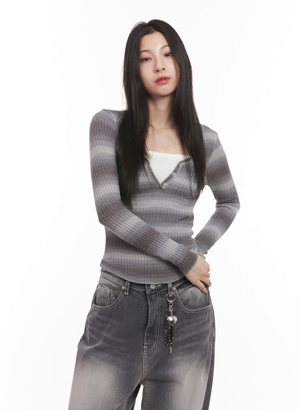 Stripe Buttoned Layered Top CM518