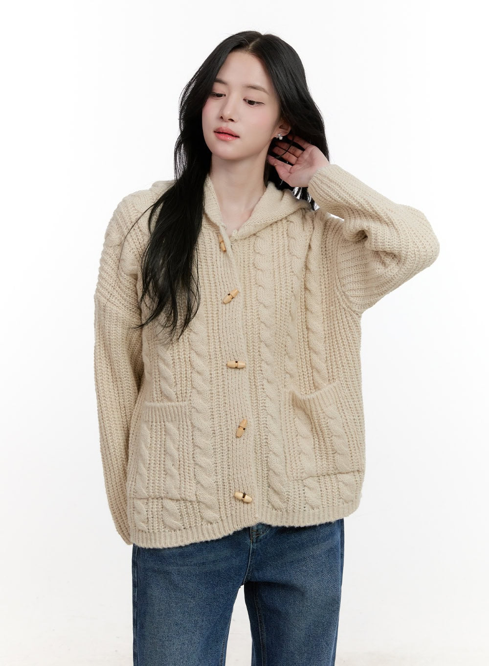 Oversized Cable Knit Hooded Cardigan CF527