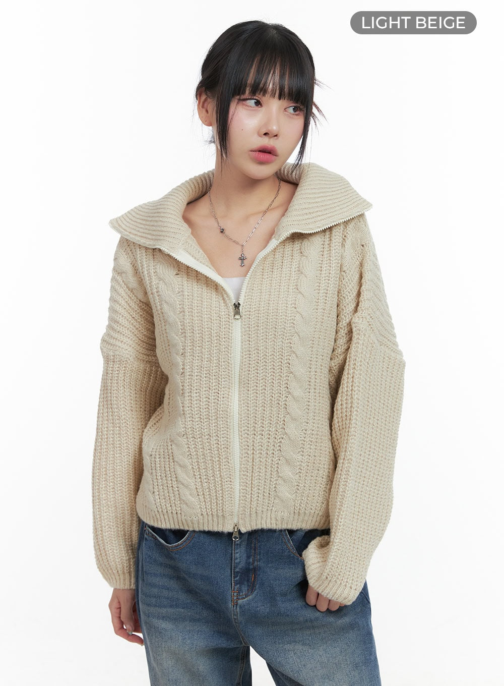 Oversized Cable Knit Zip-Up Sweater OS410