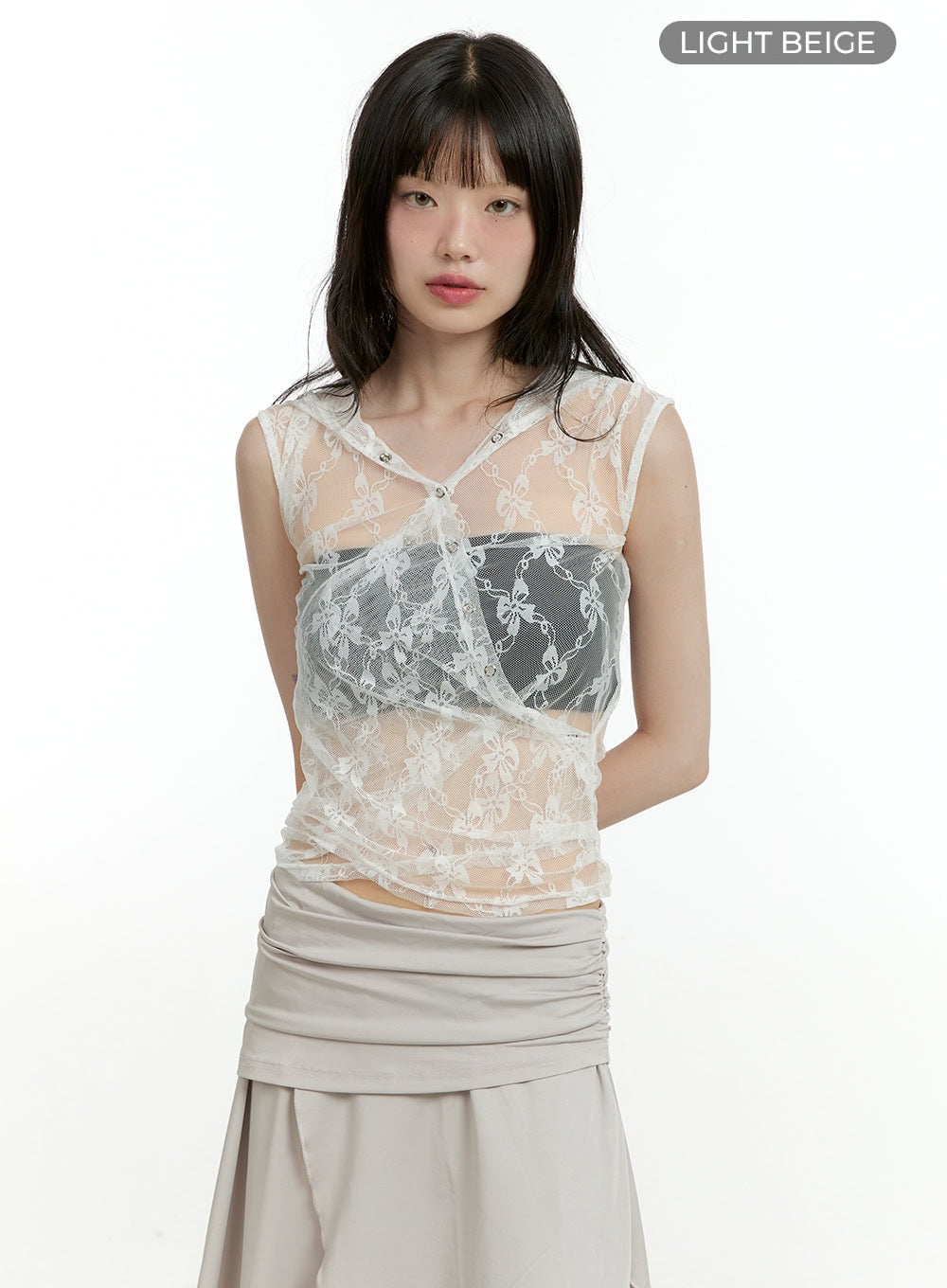 See-Through Buttoned Sleeveless Hoodie Top CL426