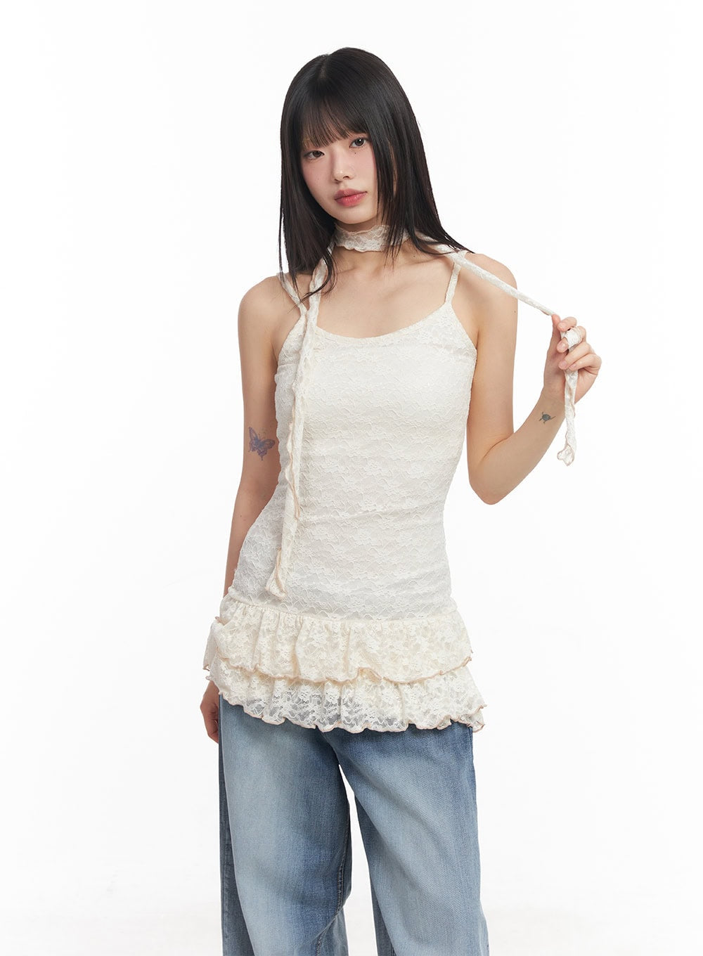 Frilly Lace Mini Dress with Scarf Set CY512