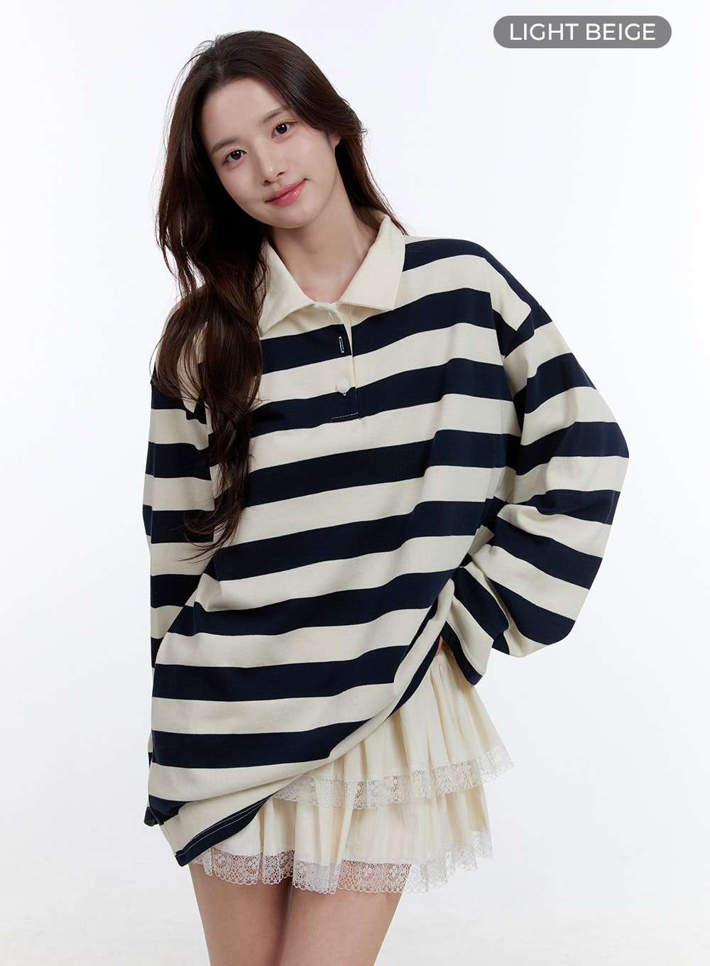 Cotton Oversize Buttoned Long Sleeve Stripe Tee OO407