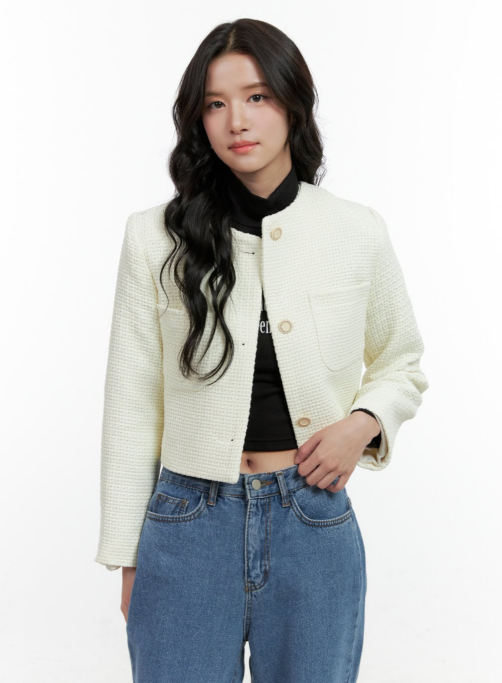 Tweed Buttoned Crop Jacket ON404