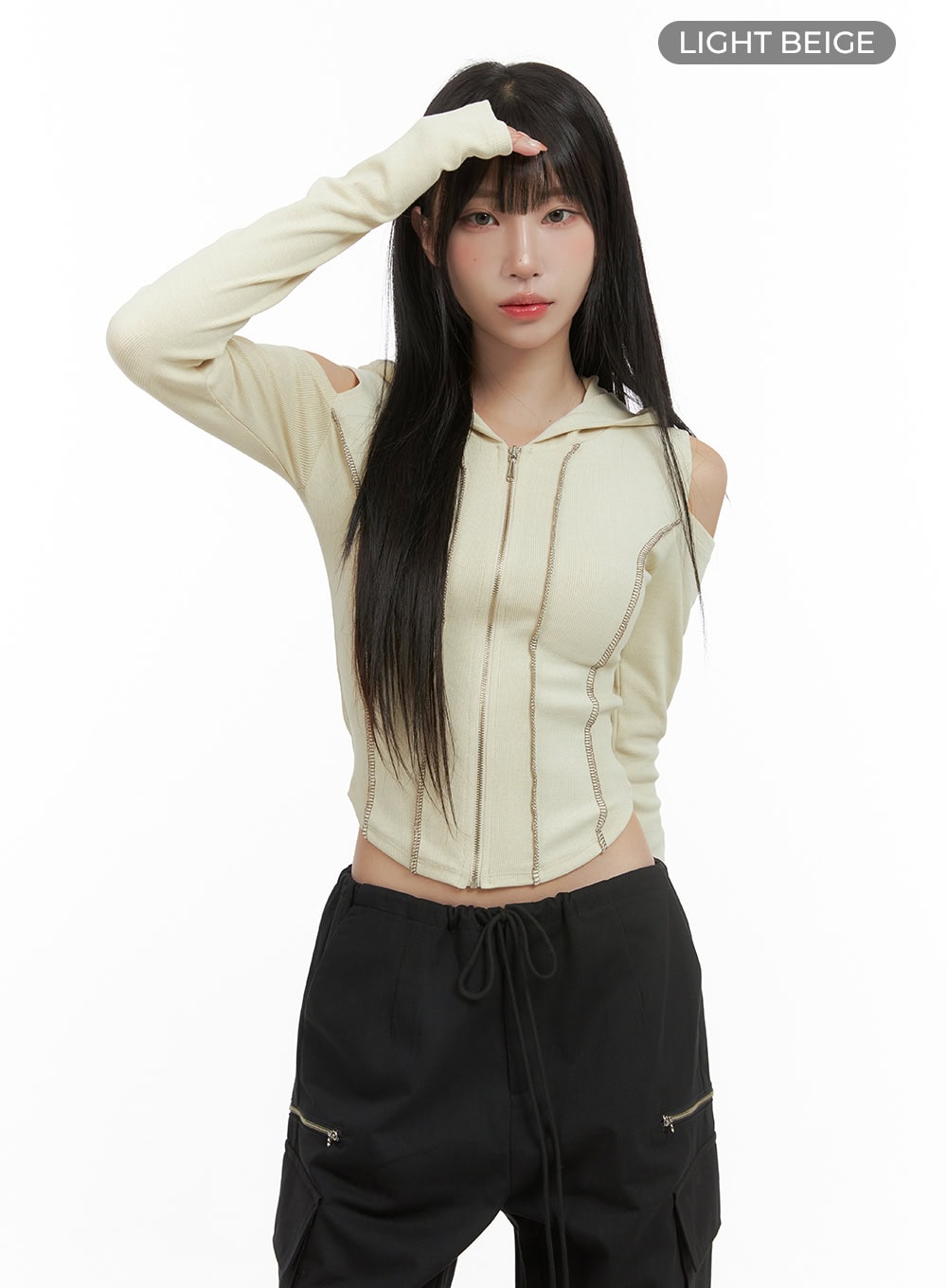 Ribbed Hooded Slim Crop Zip-Up Top CG430