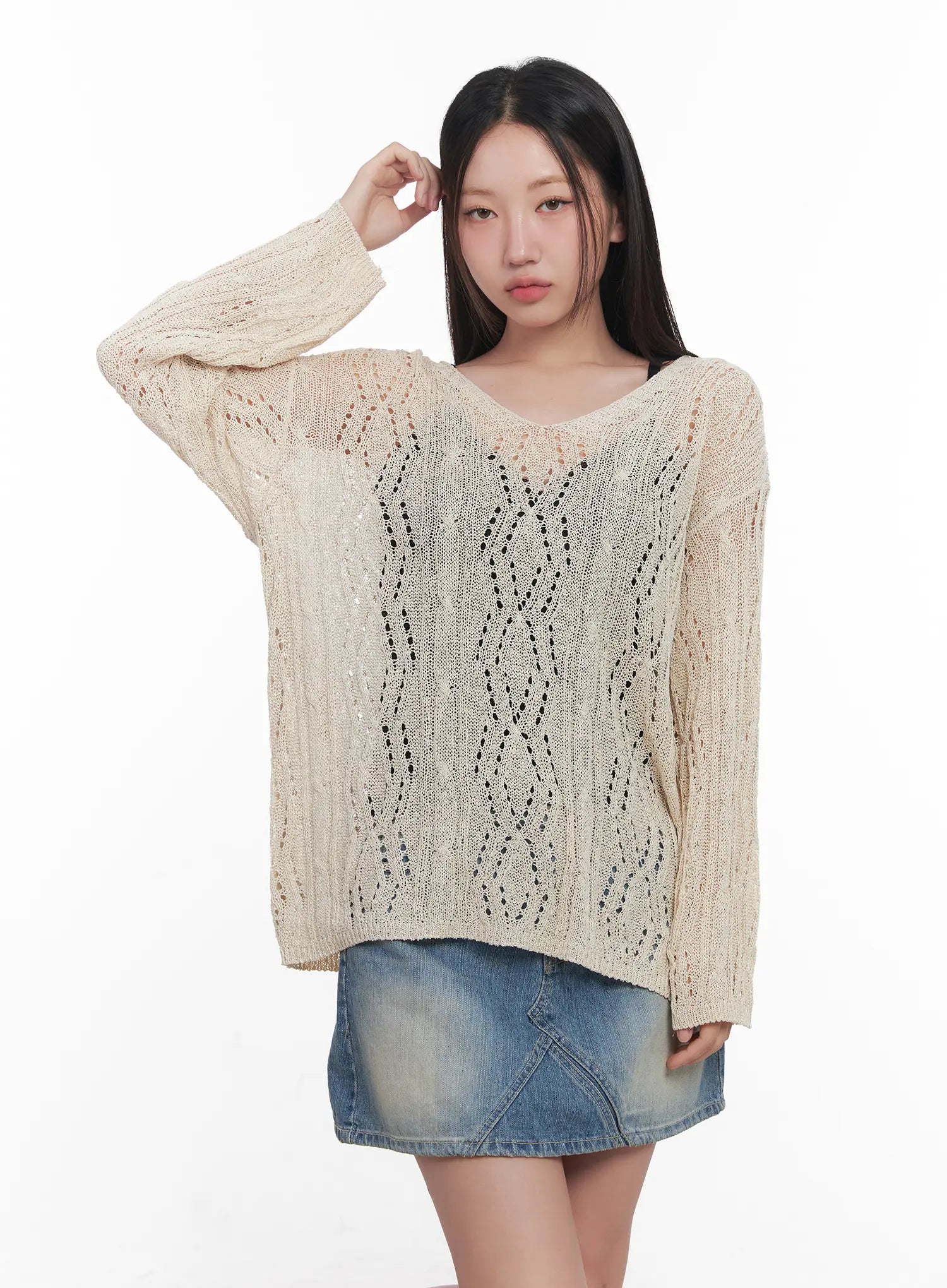Criss-Cross Sheer V-Neck Sweater CU516
