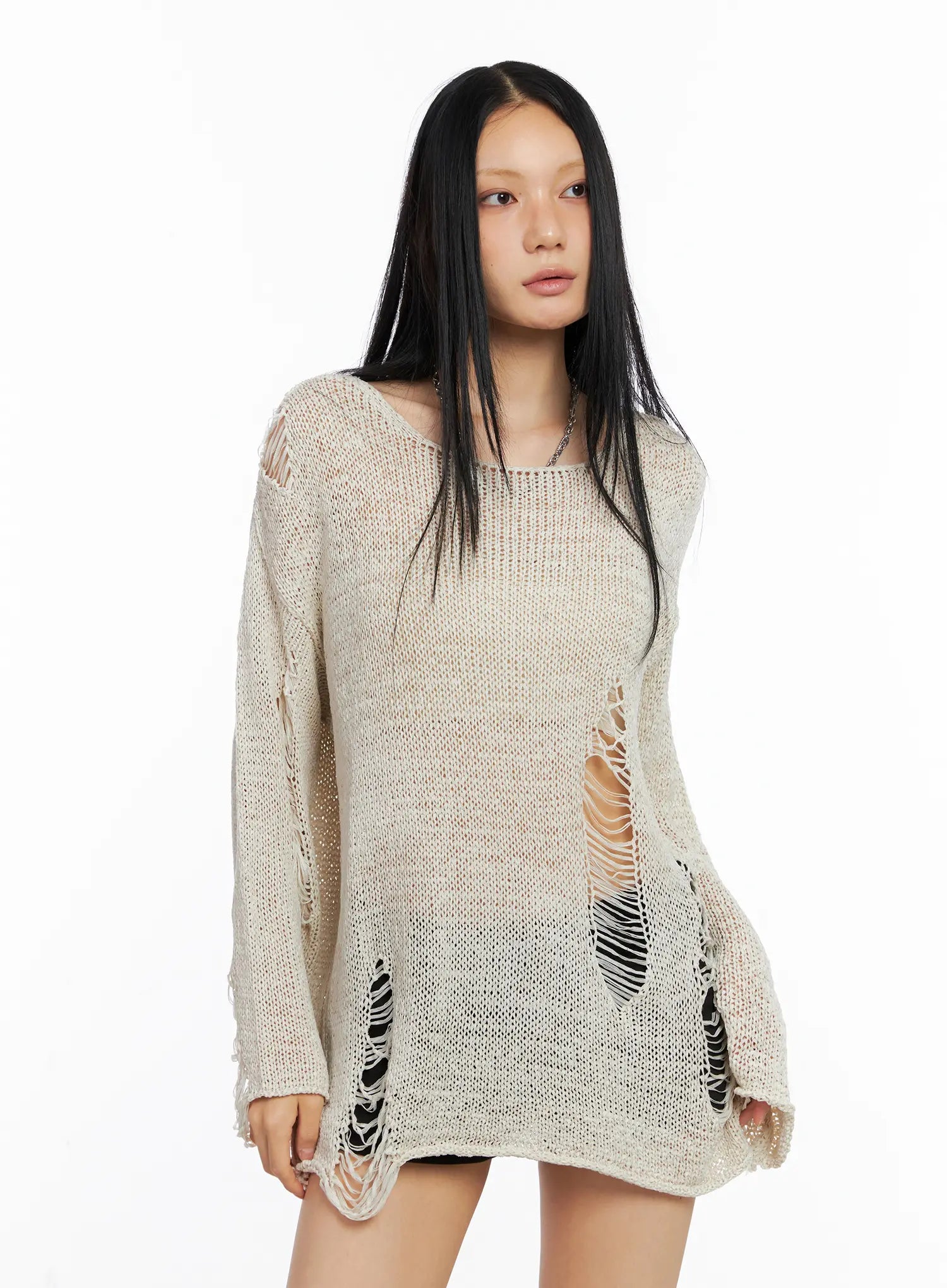 Loose Fit Distressed Knit Sweater CS511
