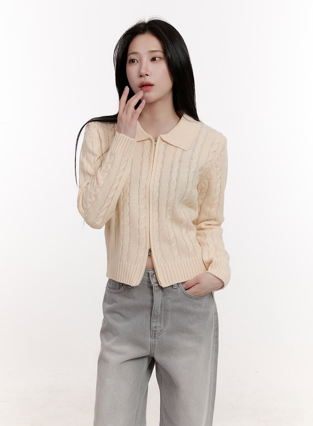 Collared Cable Knit Zip-Up Cardigan CJ531