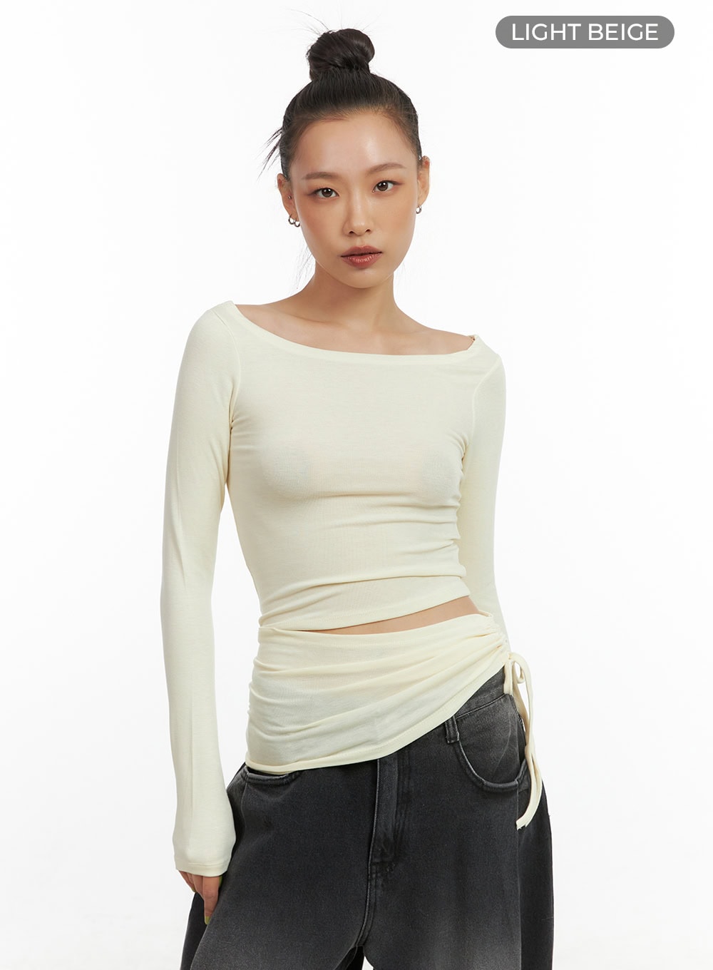 Unbalanced Shirring Long-Sleeve Top CO424