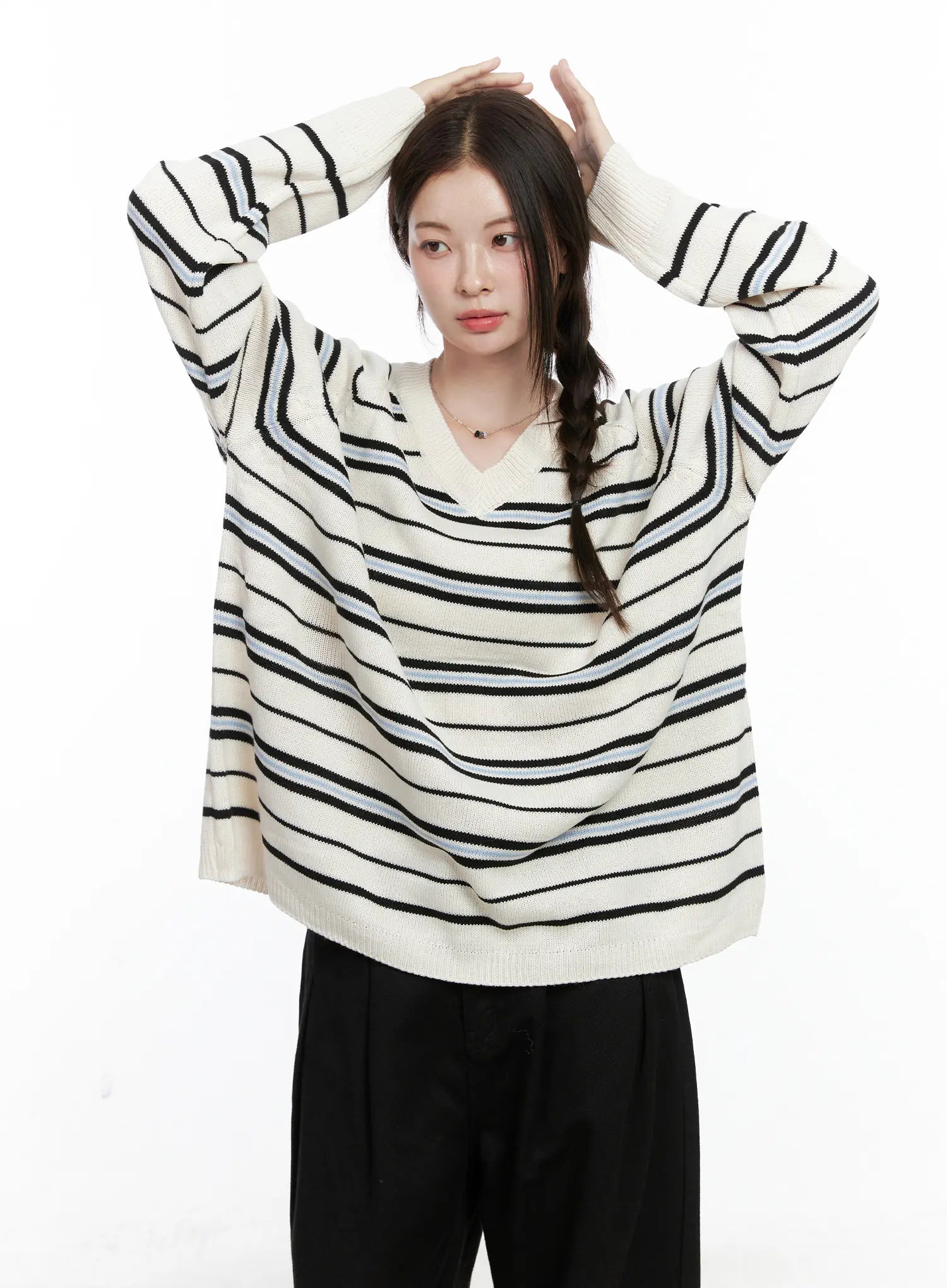 Oversized V-Neck Striped Knit Sweater CO503