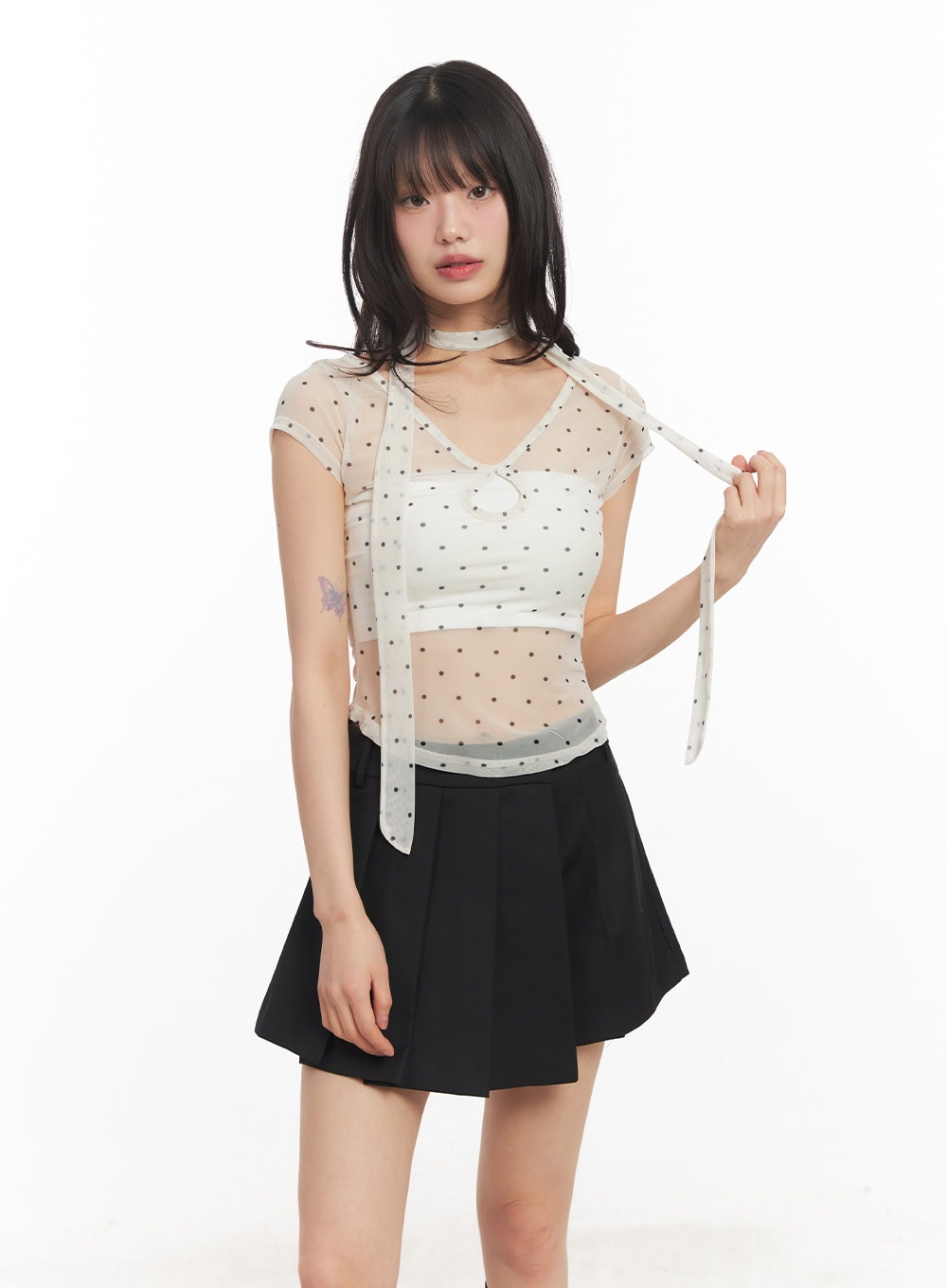 Sheer Polkadot Crop Top with Scarf CA522