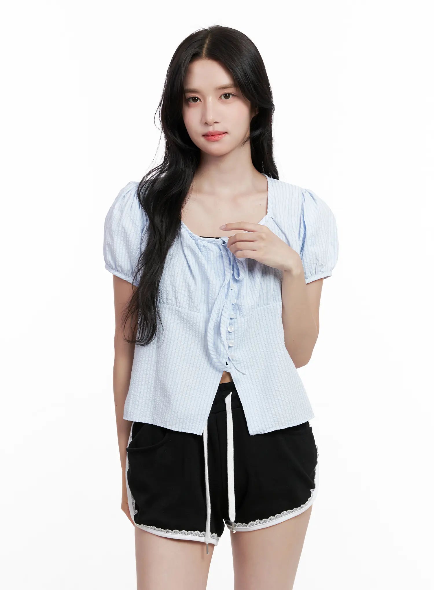 Striped Puff-Sleeve Ribbon Top CL516