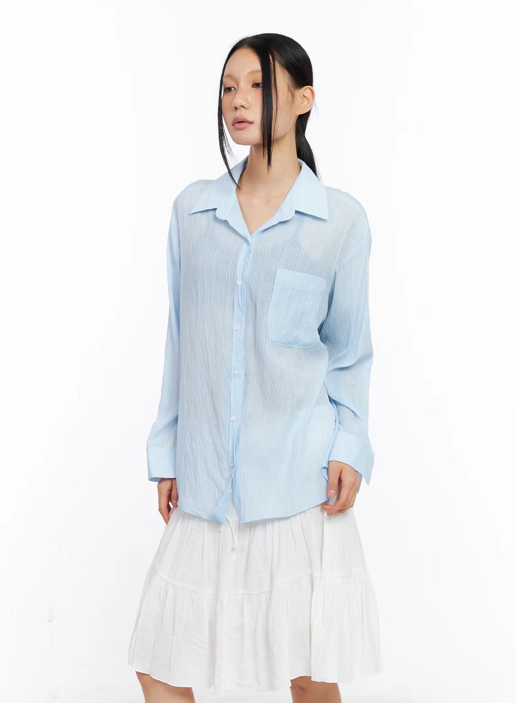 Sheer Long-Sleeve Button-Down Shirt CL529