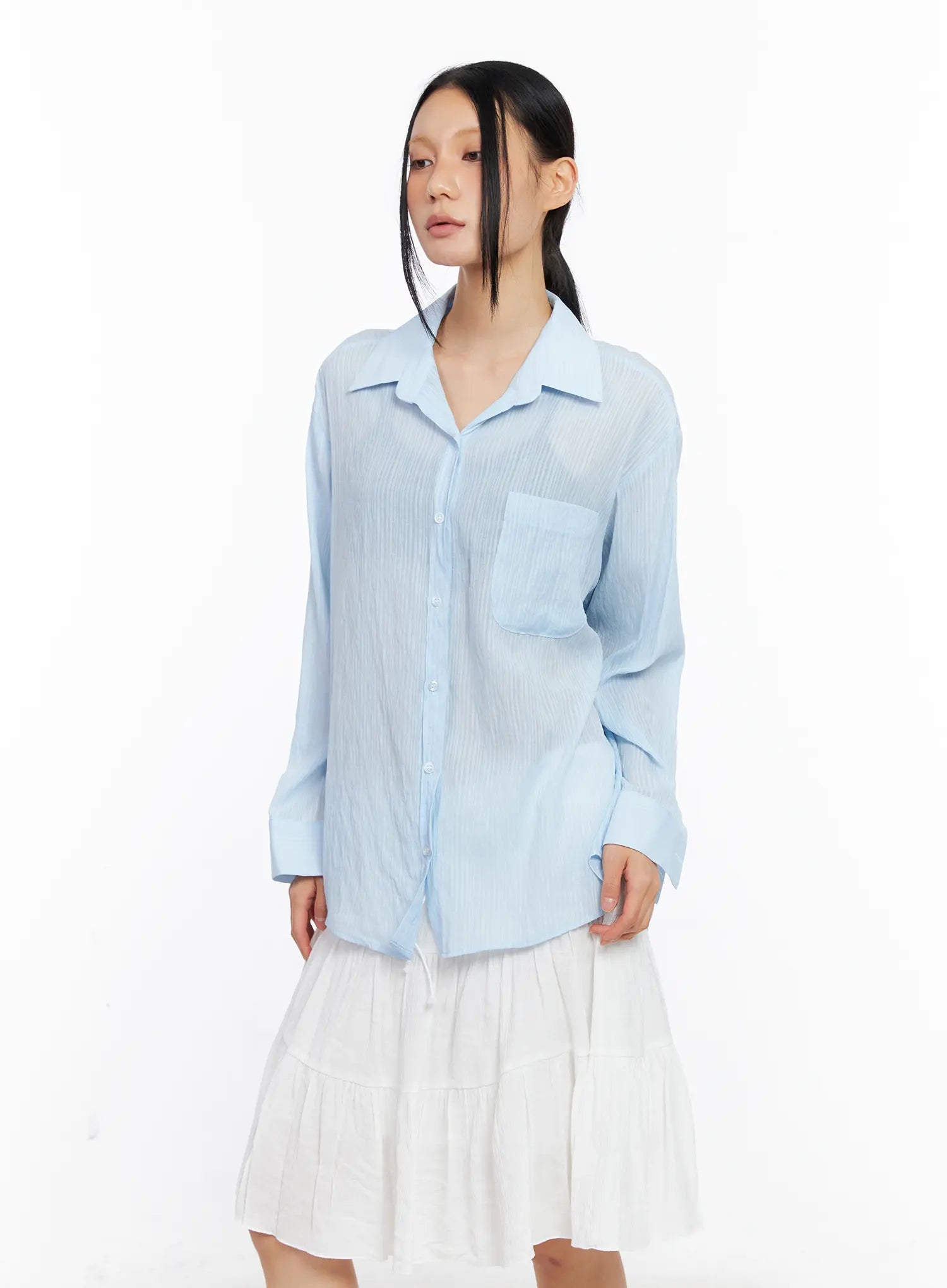 Sheer Long-Sleeve Button-Down Shirt CL529