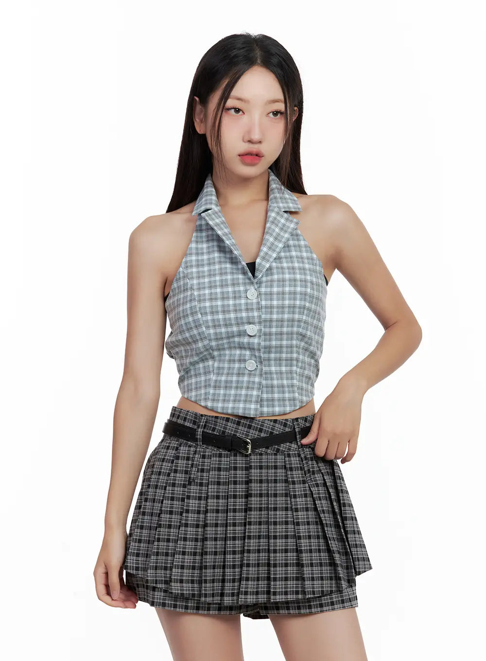 Plaid Button Halter Tank CL508