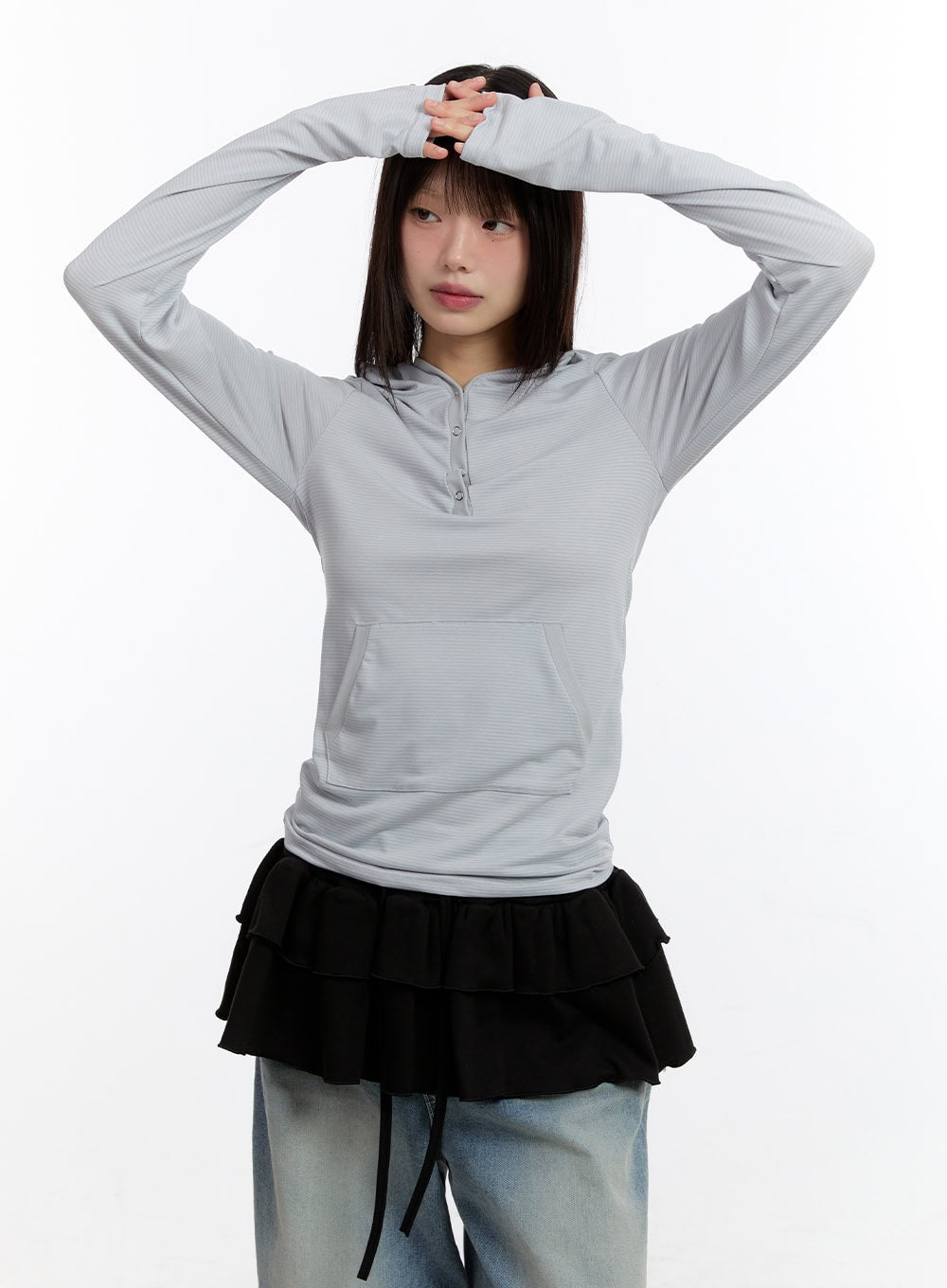Button Stripe Hoodie Top CA508