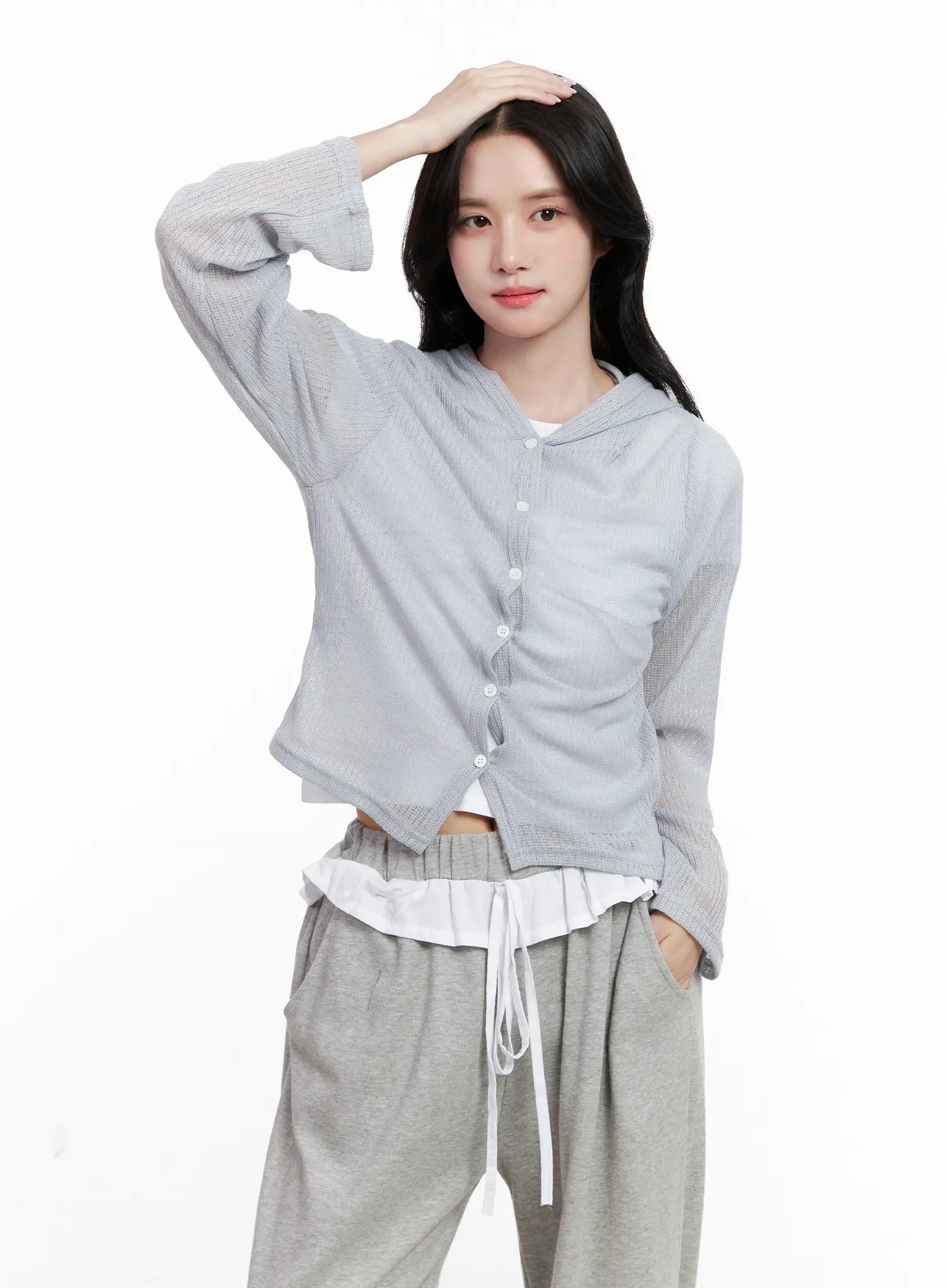 Sheer Button-Up Long Sleeve Zip-Up CL516