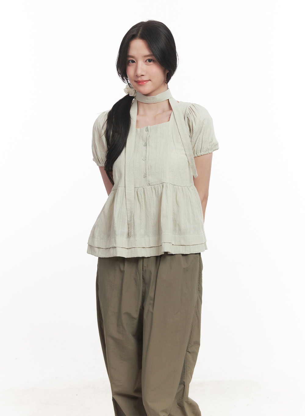 Puff-Sleeve Blouse & Scarf Set CA510