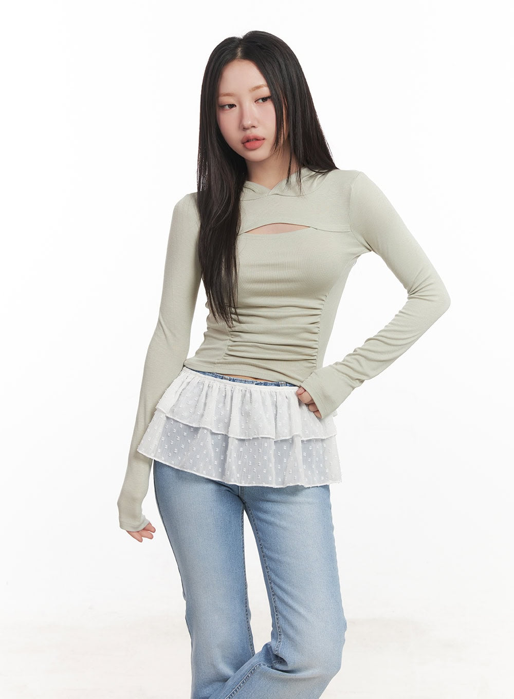 Shirred Cut-Out Crop Hoodie Top CA521