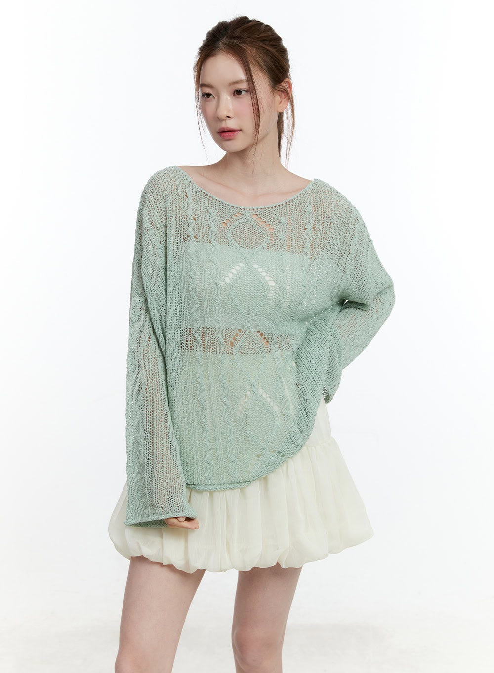 Cable Knit Sheer Loose-Fit Sweater CM521