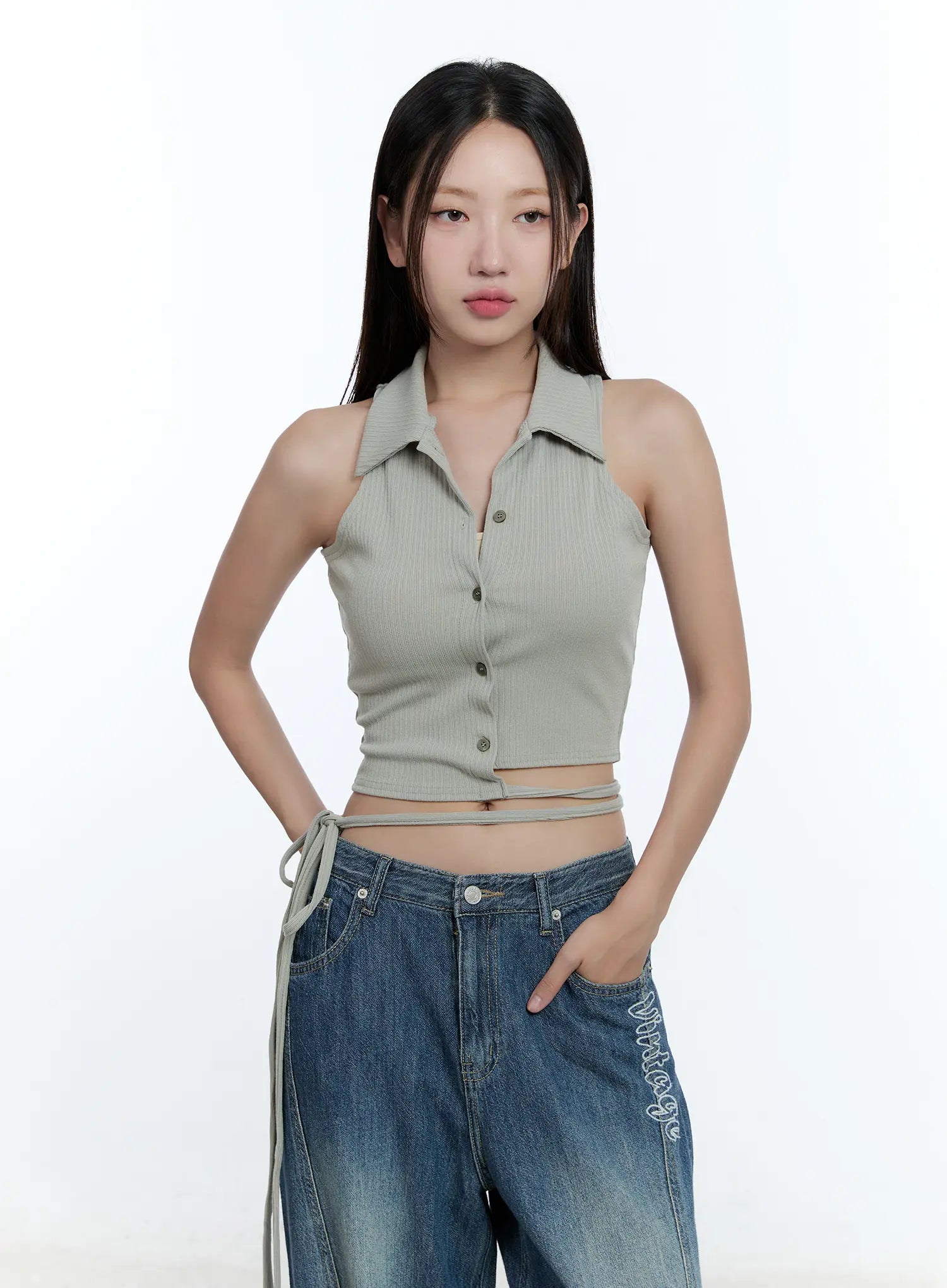 Asymmetric Buttoned Collared Tank Top CU527