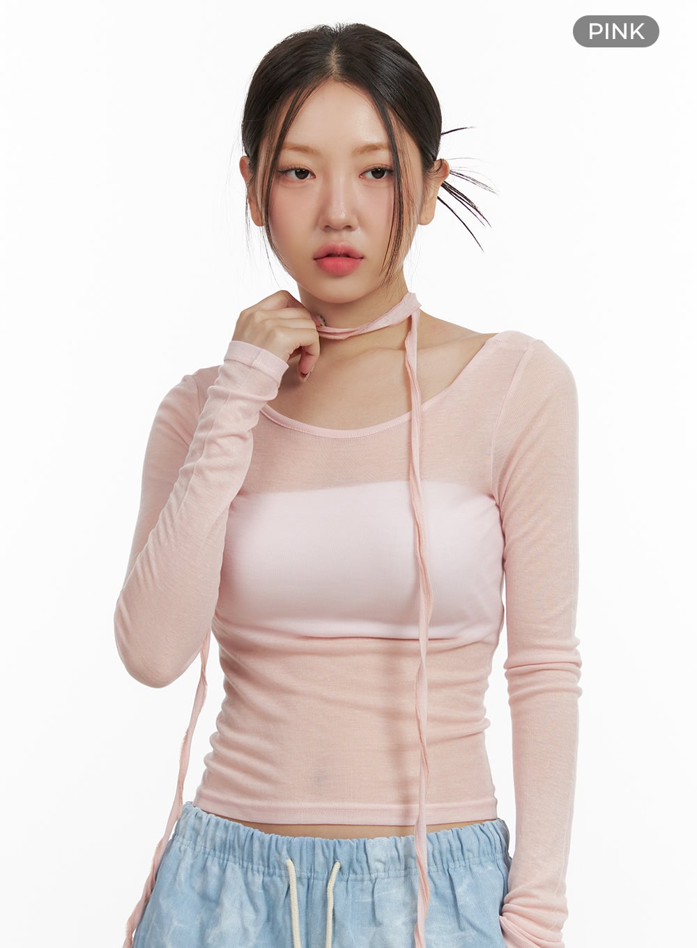 Sheer U-Neck Top with Scarf OU403