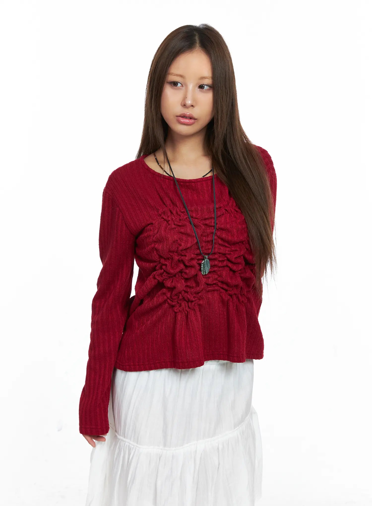 Ruffled Ribbed Long Sleeve Top CO510