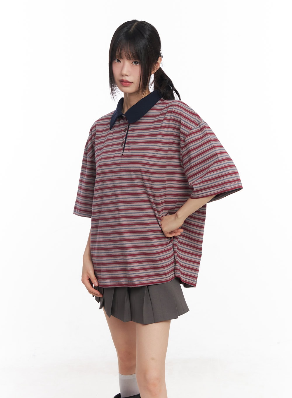 Oversized Striped Short Sleeve Polo Shirt CY514