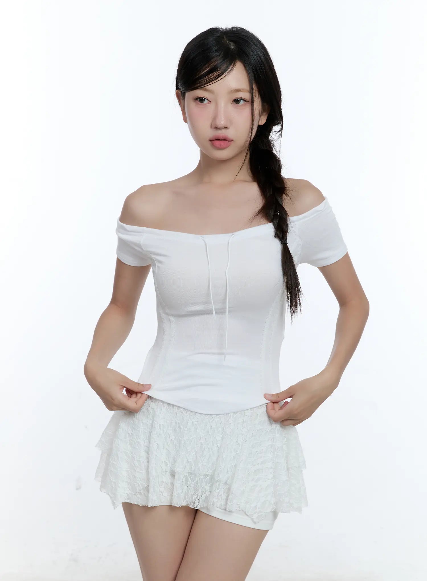 String Detail Off-Shoulder Crop Top CU527