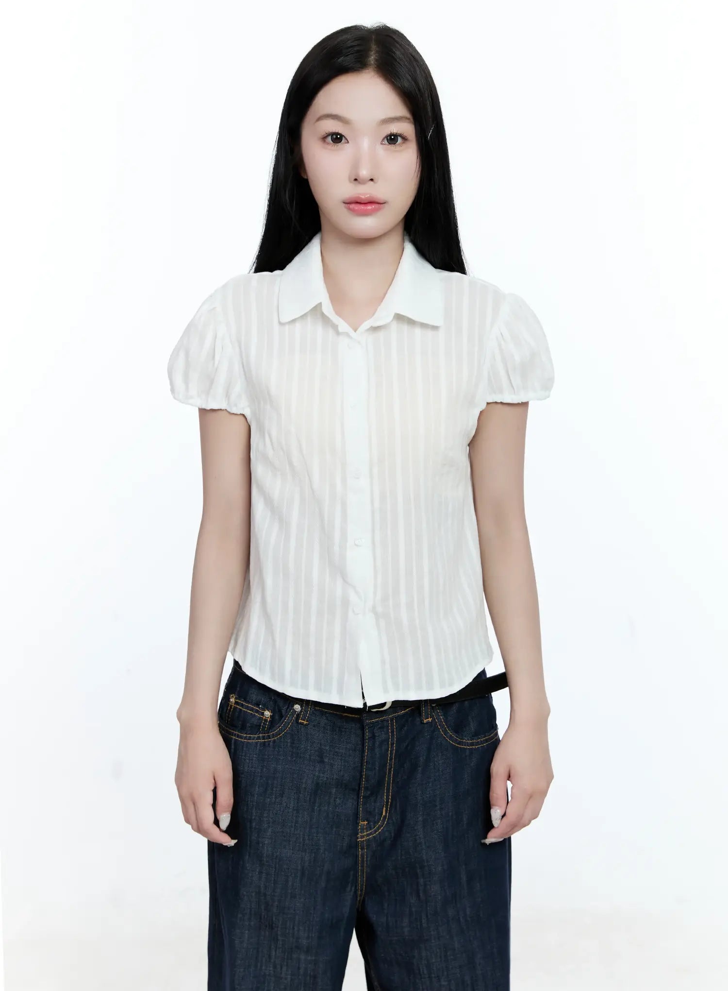 Striped Puff-Sleeve Blouse CG513