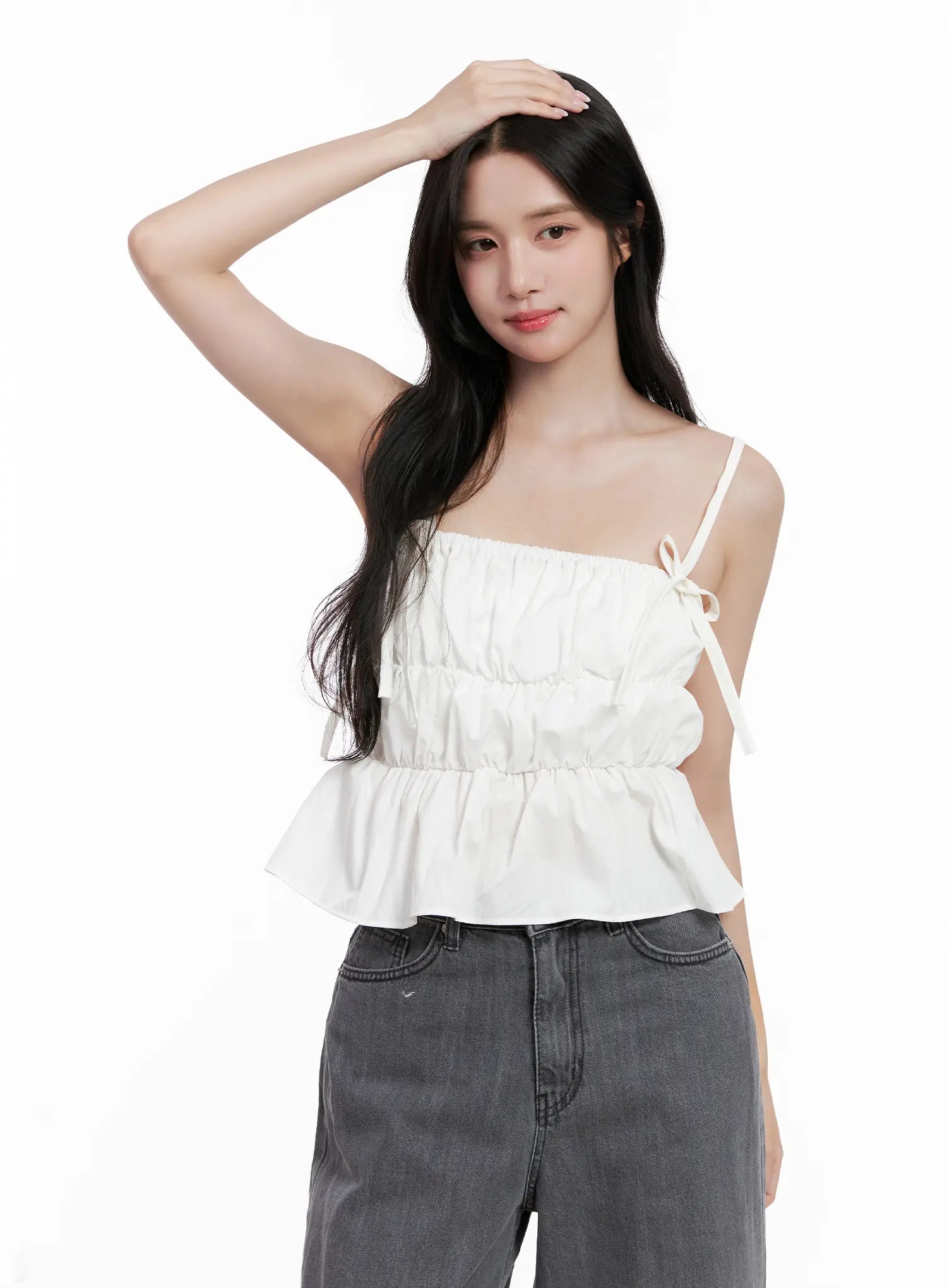 Ribbon Strap Ruffle Scrunch Tank CL516