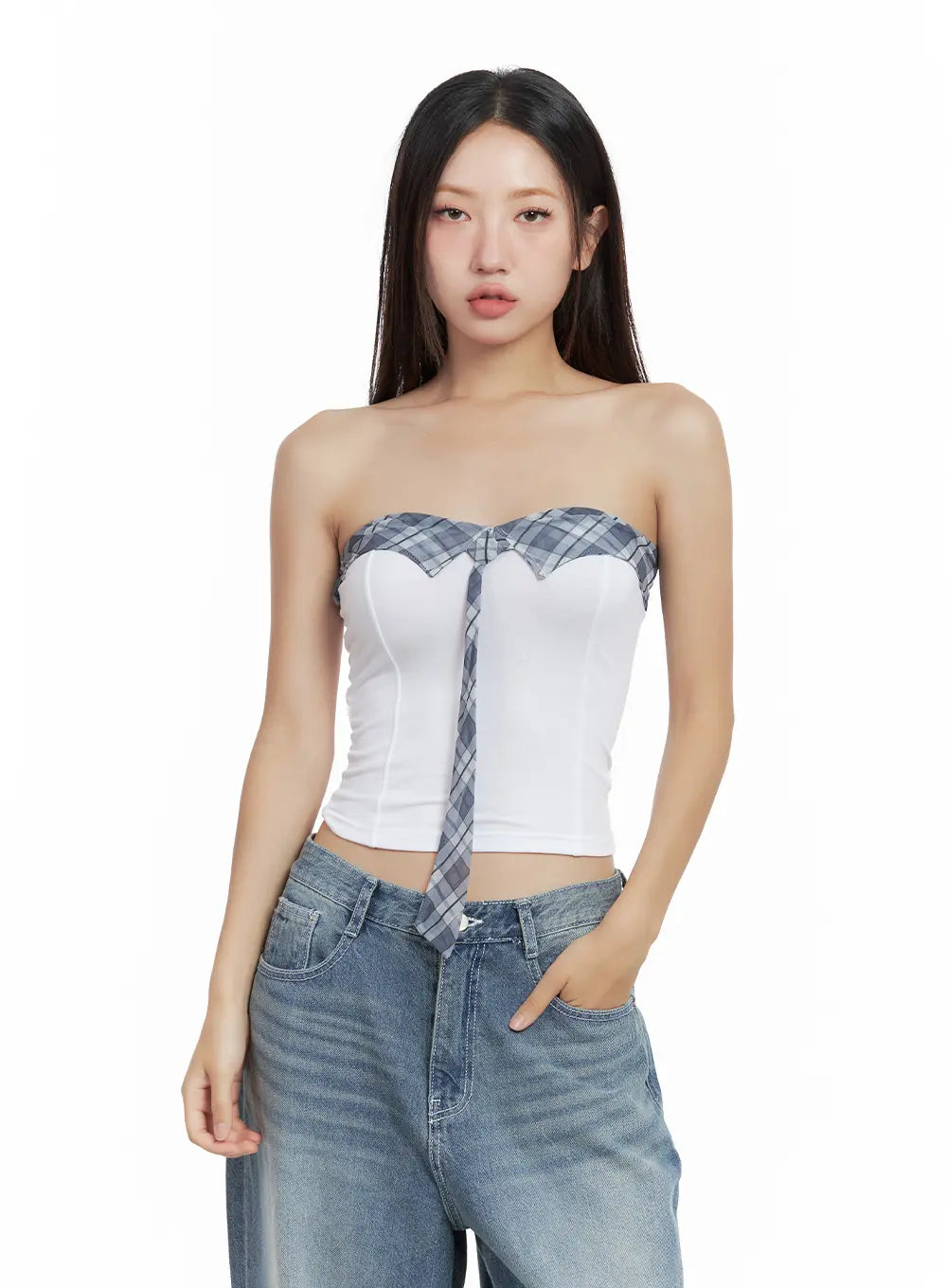 Contrast Plaid-Tie Tube Top CL508