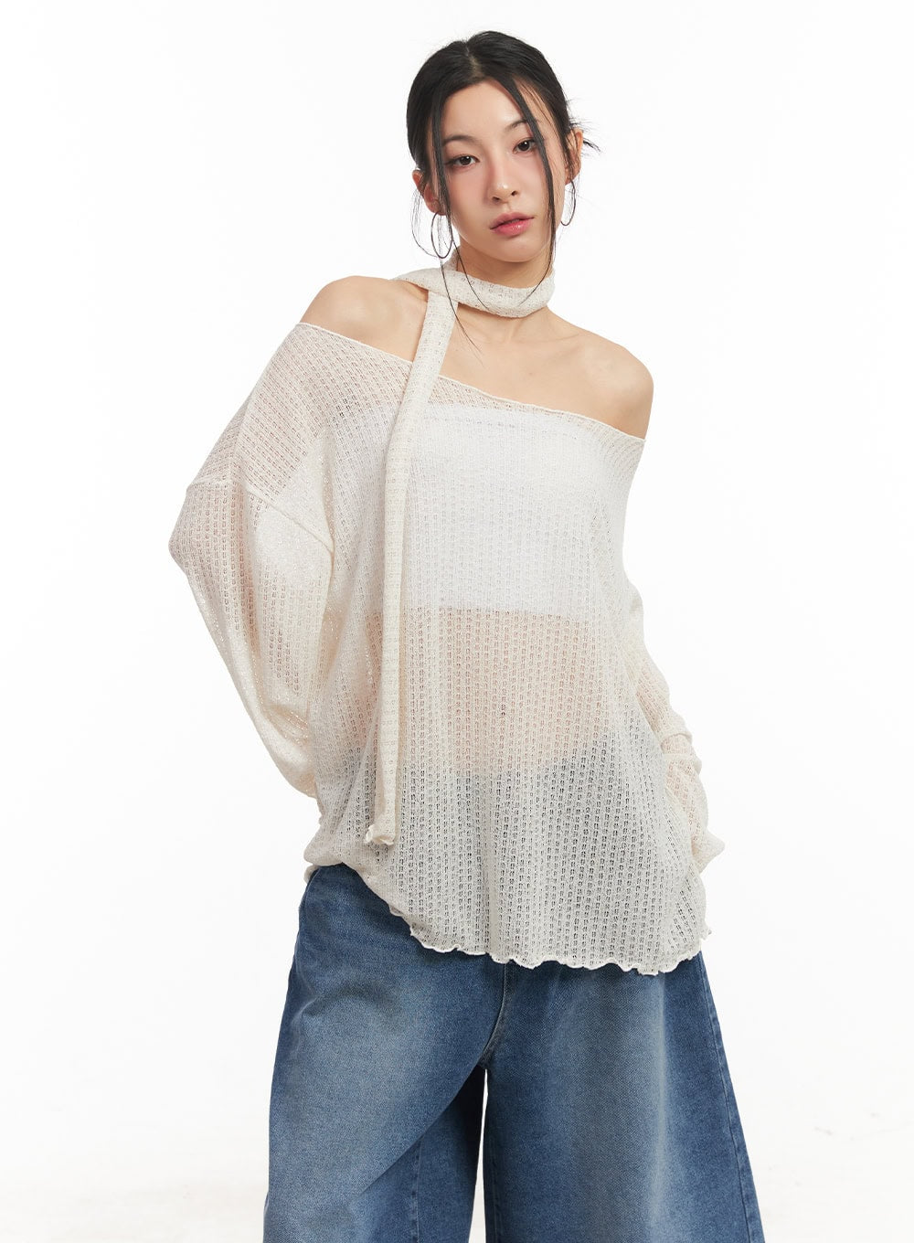 Sheer Off-Shoulder Top with Scarf Set CM503